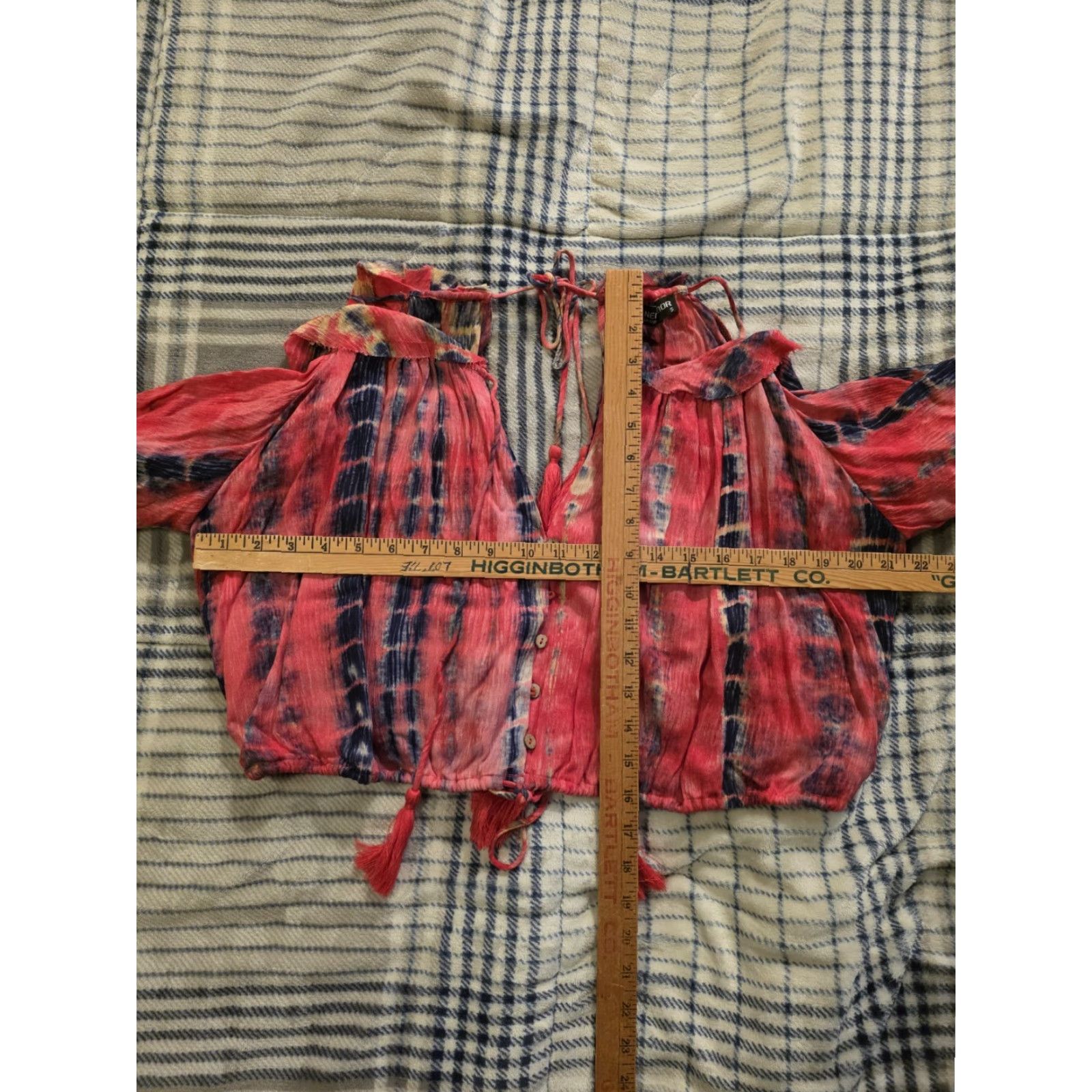 Vintage VINTAGE Shop Neighbor Cropped Blouse Shirt Womens Tie Dye Pink 3/4 Sleeve V-Neck Bell Ruffle Tassel Boho Beach Hippie Summer Spring Fall Size S / US 4 / IT 40 - 7 Thumbnail