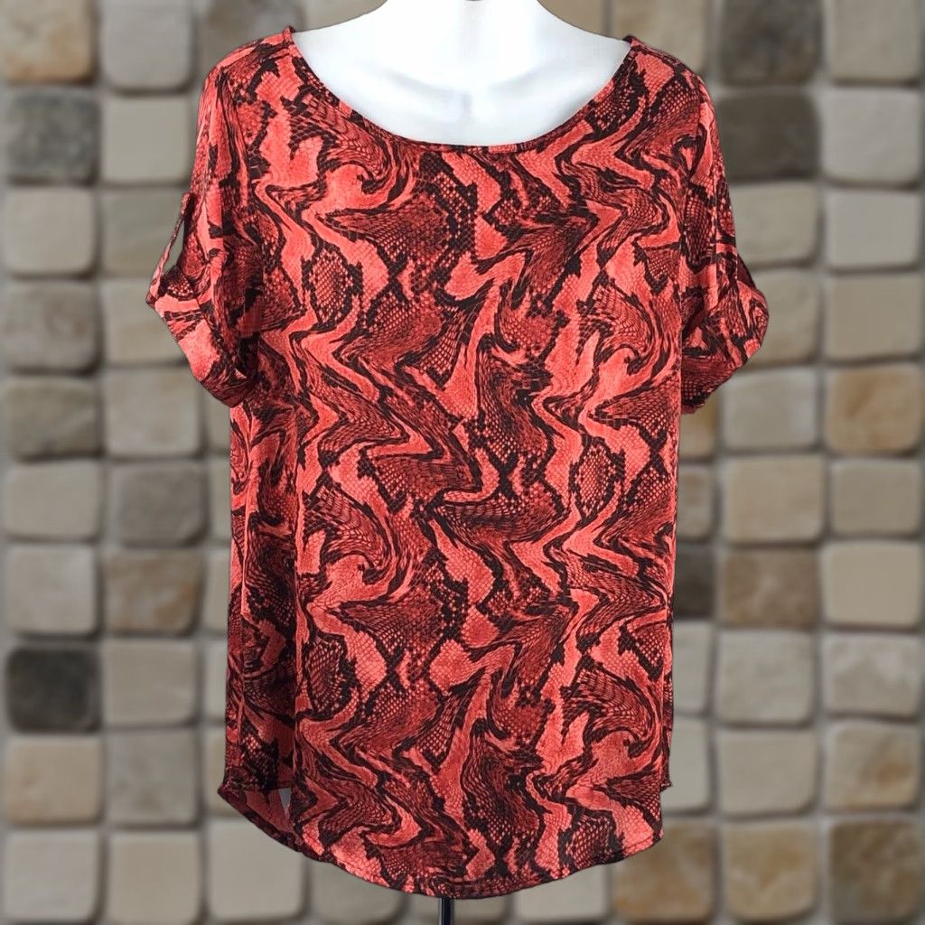 Michael Kors Michael Kors Satin Top Blouse M Orange Snake Print Roll Tab Short Sleeve Career Size M / US 6-8 / IT 42-44 - 1 Thumbnail