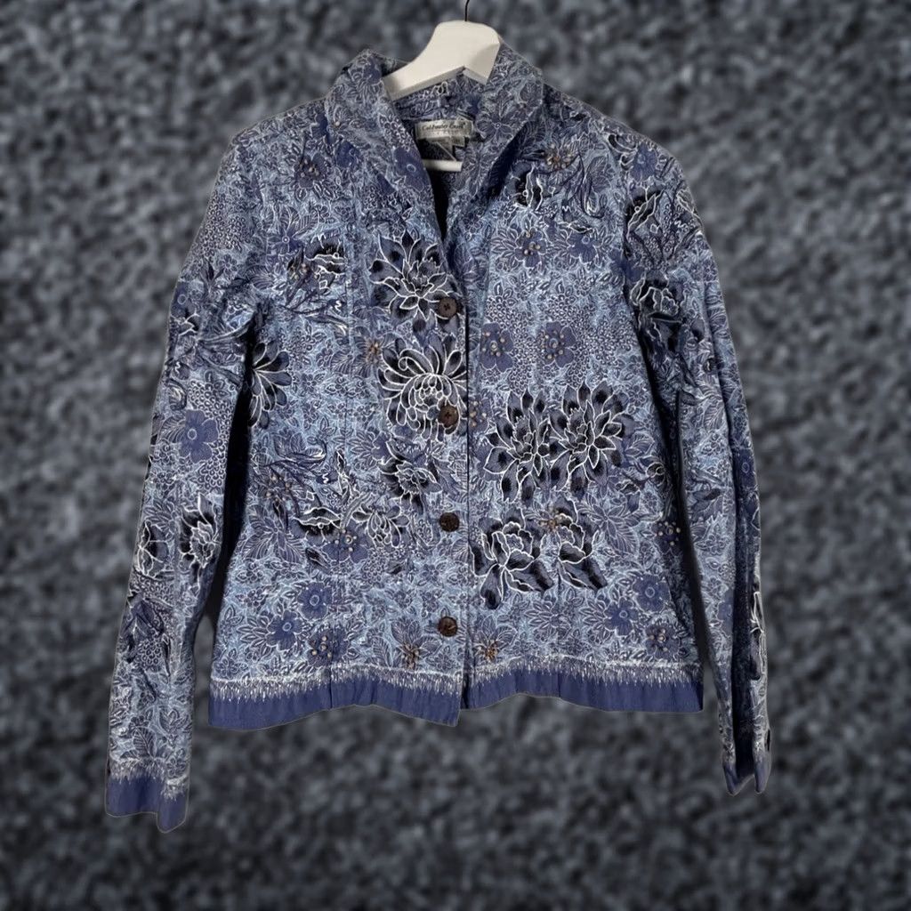 Coldwater Creek Coldwater Creek Womens Blue Floral Beaded Button-Front Jacket Medium Lightweight Size M / US 6-8 / IT 42-44 - 1 Thumbnail