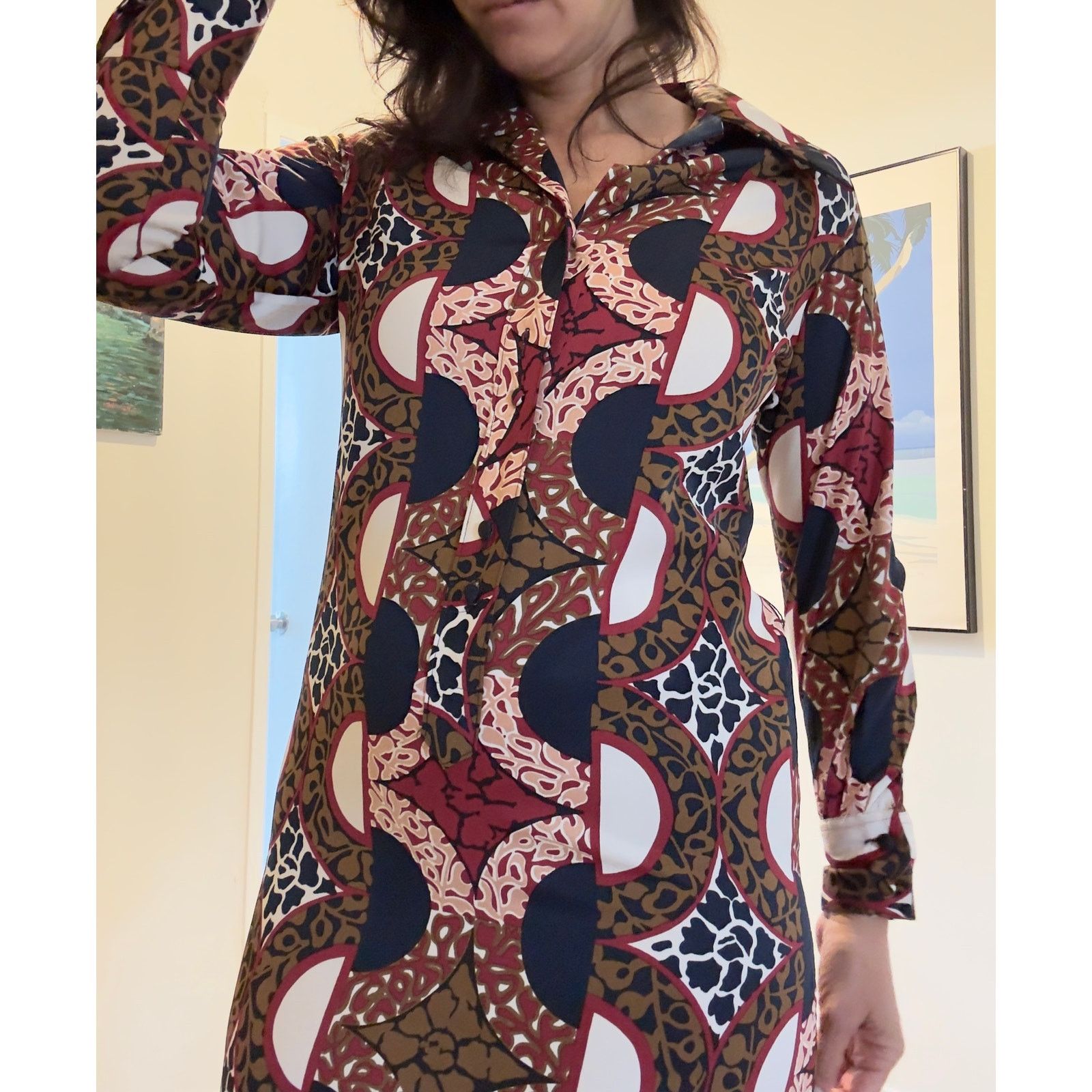 Lanvin Vintage 1960’s Lanvin Geometric Batik Silk Shirtdress size 6 Size M / US 6-8 / IT 42-44 - 3 Thumbnail