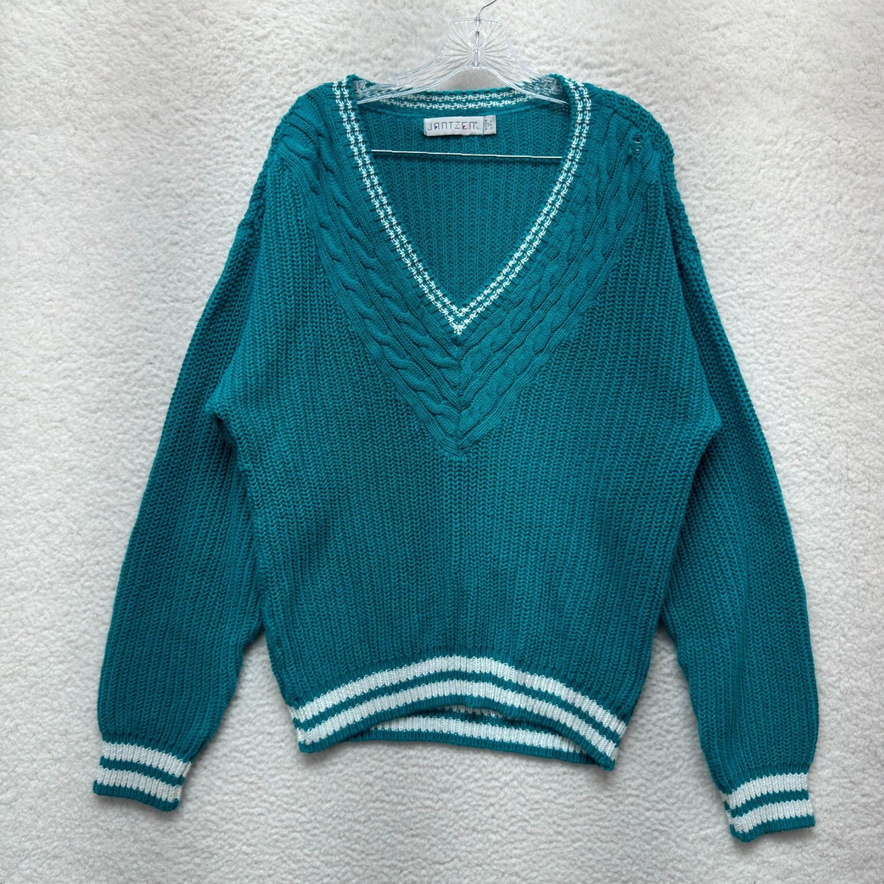 Jantzen VINTAGE 80s 90s Jantzen Sweater Mens L/XL Teal Blue Retro Rugby Preppy Fisherman Cotton Casual knit Size US L / EU 52-54 / 3 - 2 Thumbnail