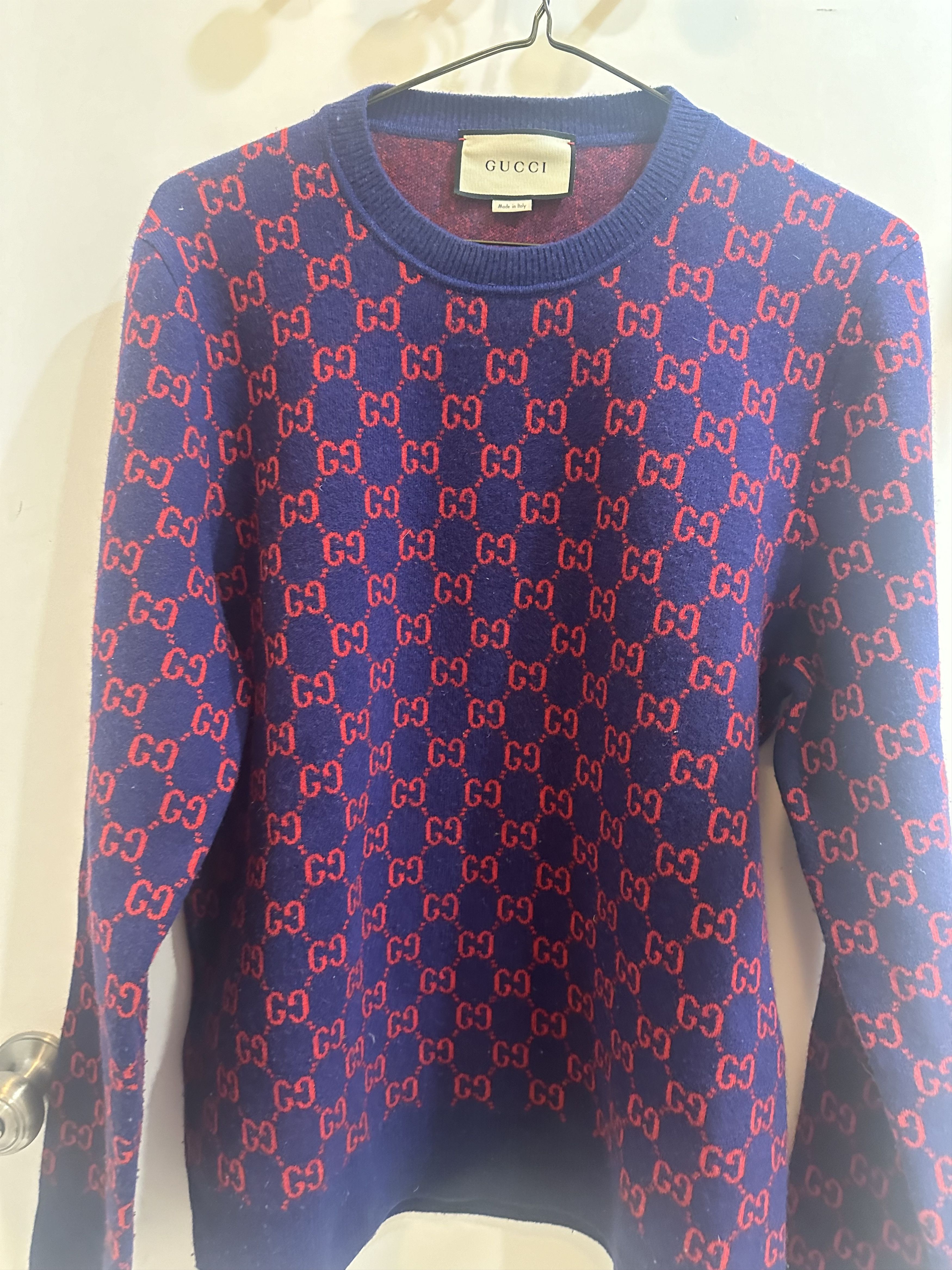 image of Gucci Men's Sweater 'gg' Monogram Crew Neck Blue Size XL in Blue/Red