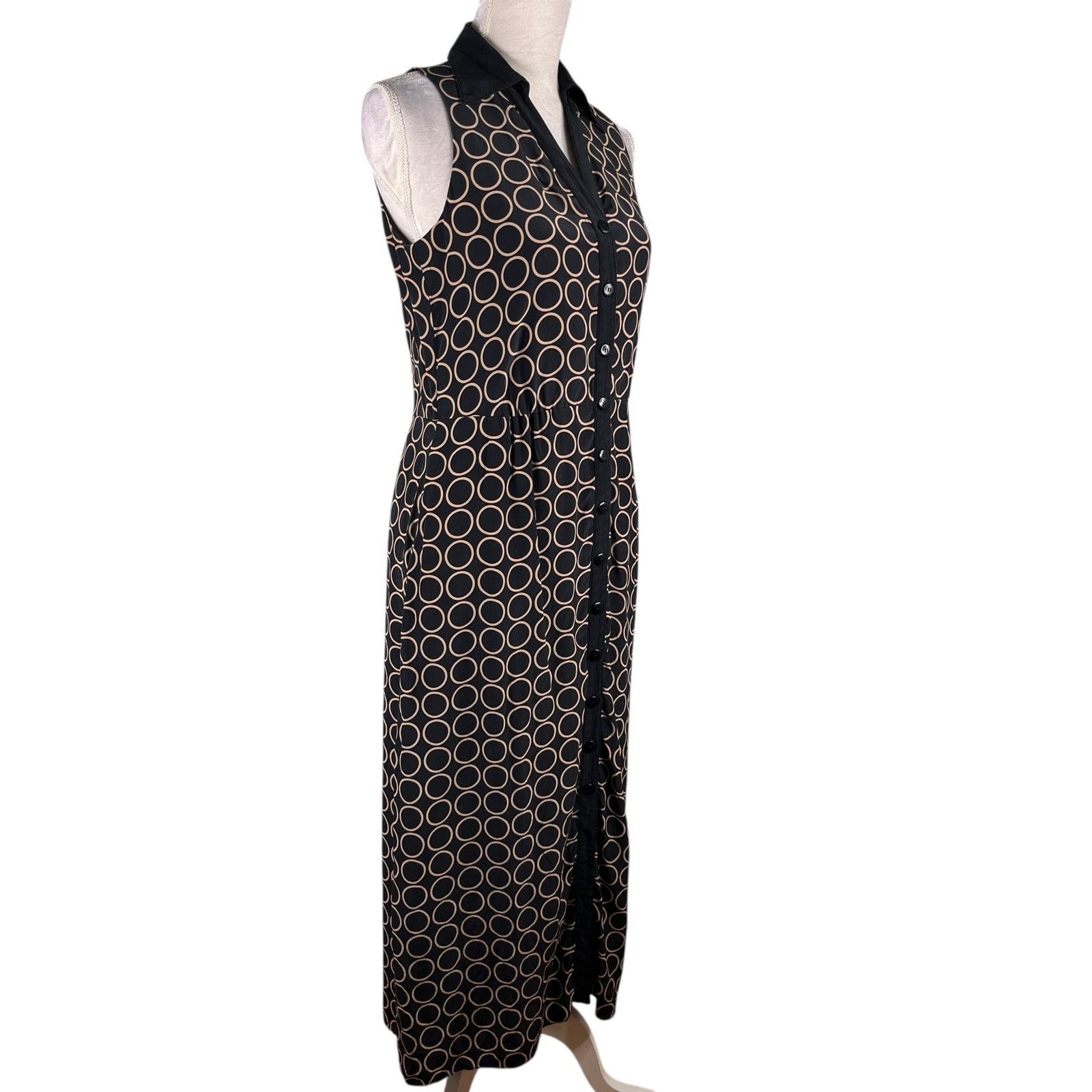 Talbots Pure Silk Midi Shirt Dress 6 Black Tan Pockets Lined