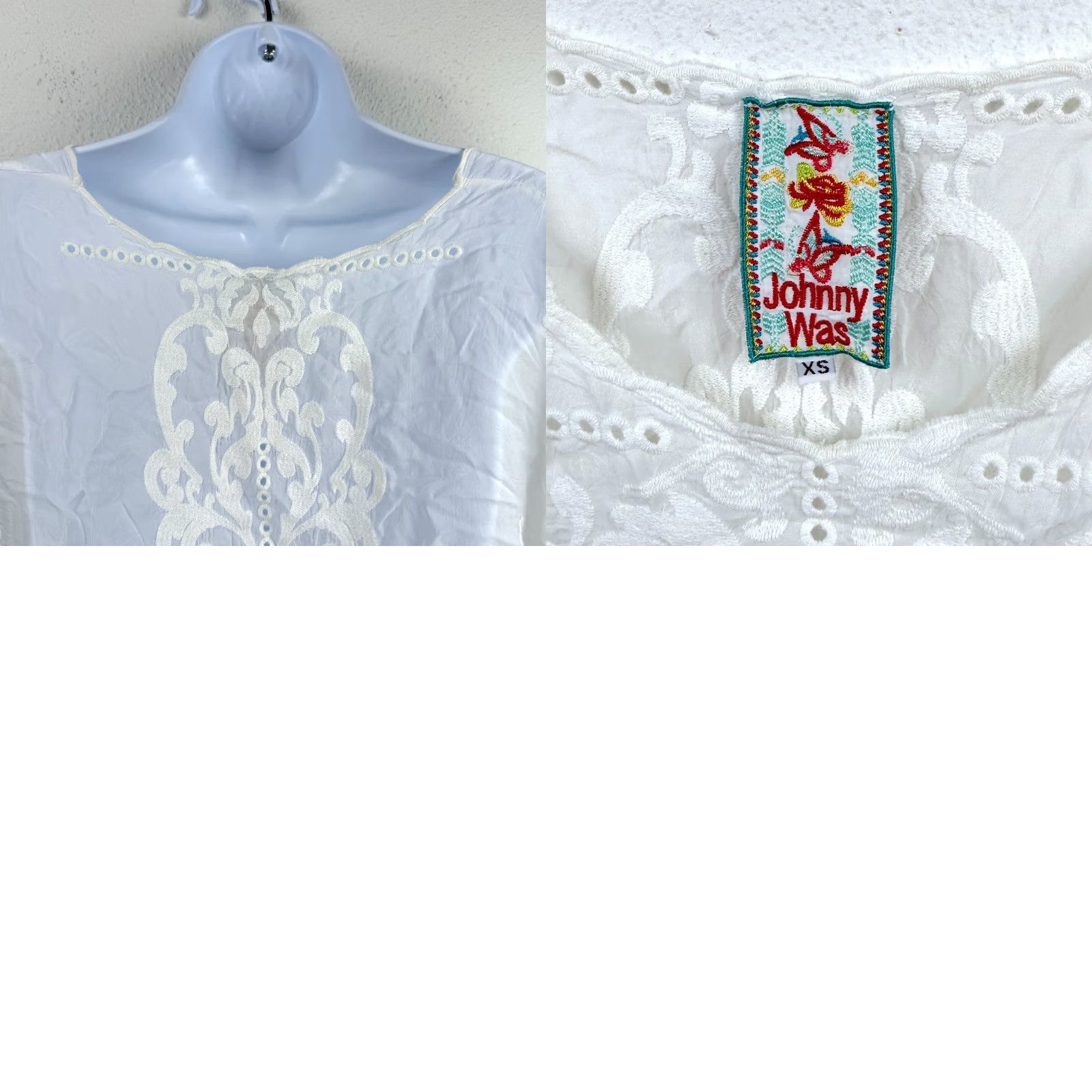 Johnny Was VINTAGE Johnny Was Blouse XS Eyelet Peasant Cupro Short Sleeve Boho White Women's XS Eyelet Embroidered Bohemian Festival 90s Size XS / US 0-2 / IT 36-38 - 8 Thumbnail