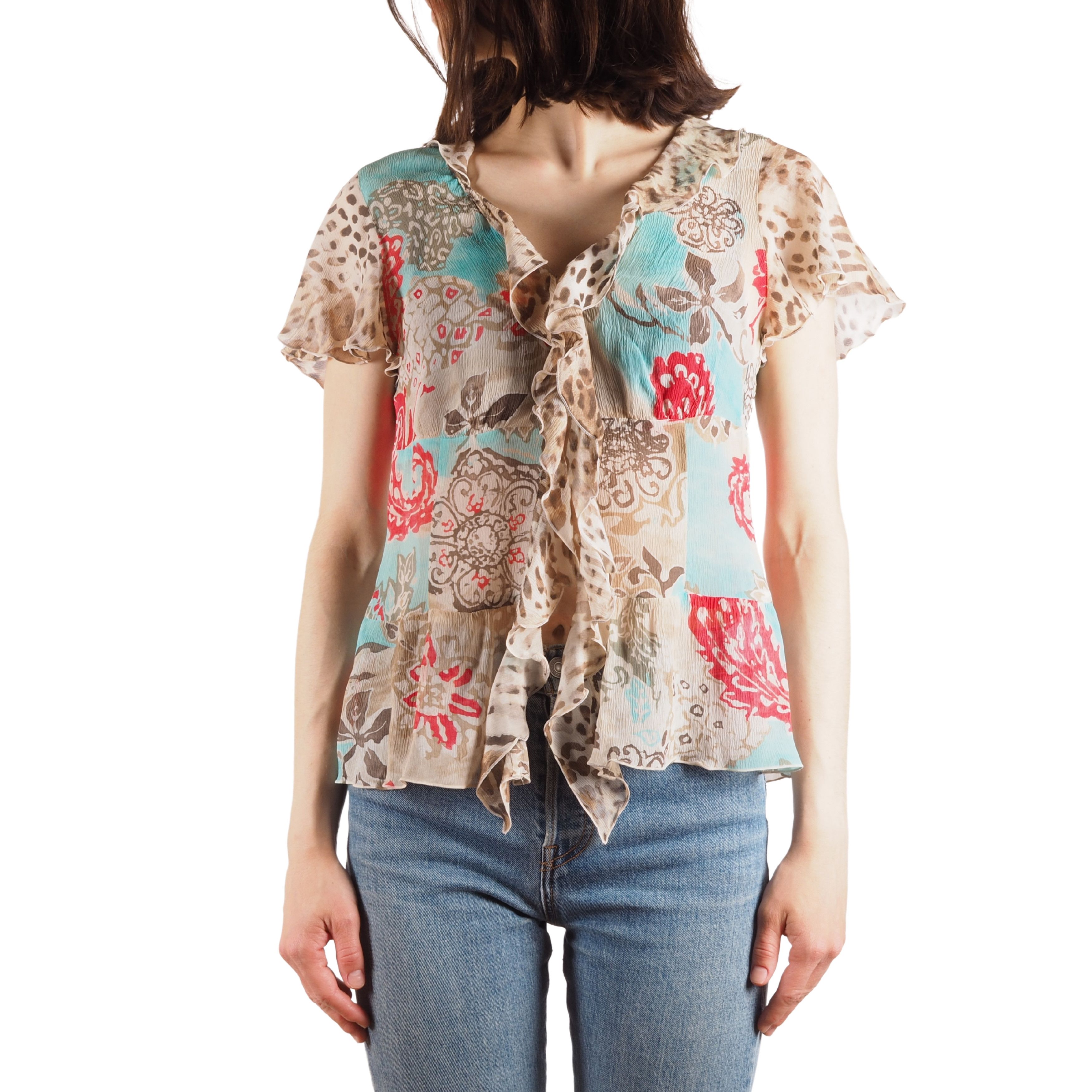 Escada Vintage 90s Ruffle Silk Leopard Floral Boho Blouse, image size:3500x3500