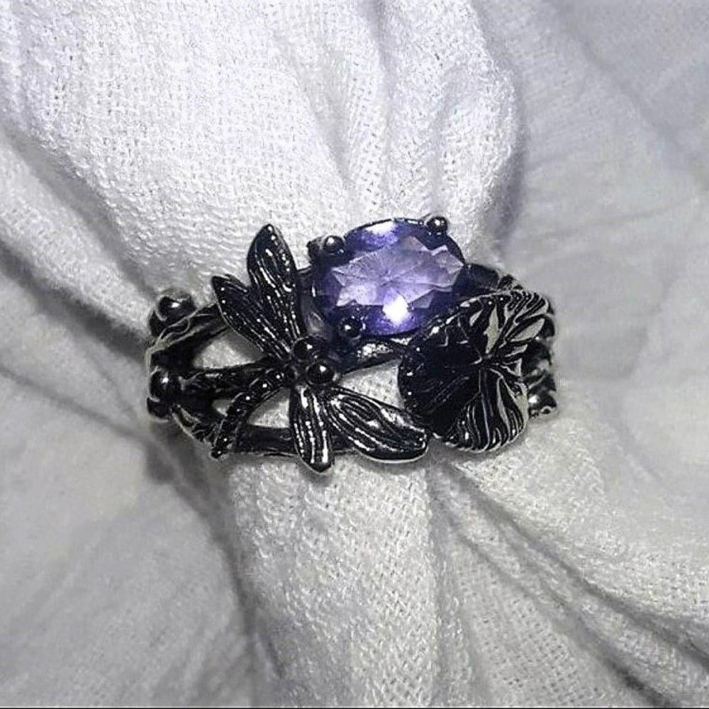 Designer Retro Vintage Leaf Dragonfly Purple Crystal Silver Ring Size ONE SIZE - 1 Thumbnail