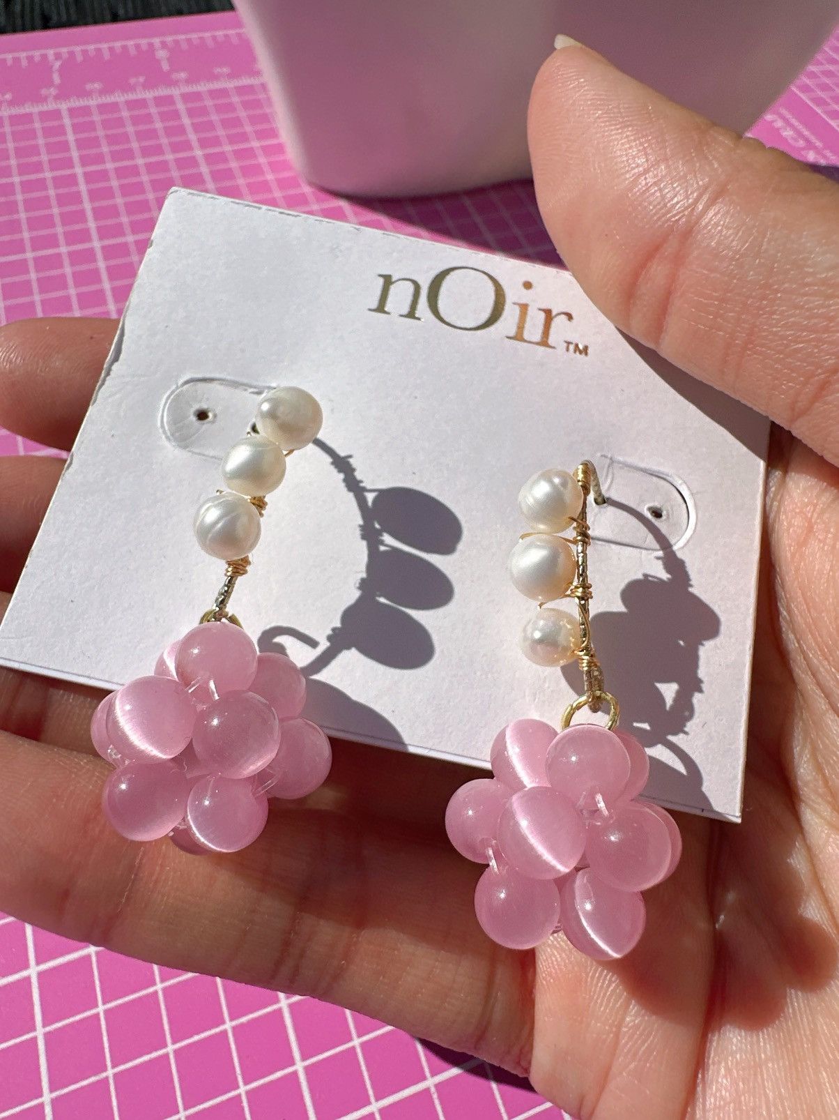 Designer Noir earrings gold tone pink tiger eyes beaded ball drops Size ONE SIZE - 2 Thumbnail