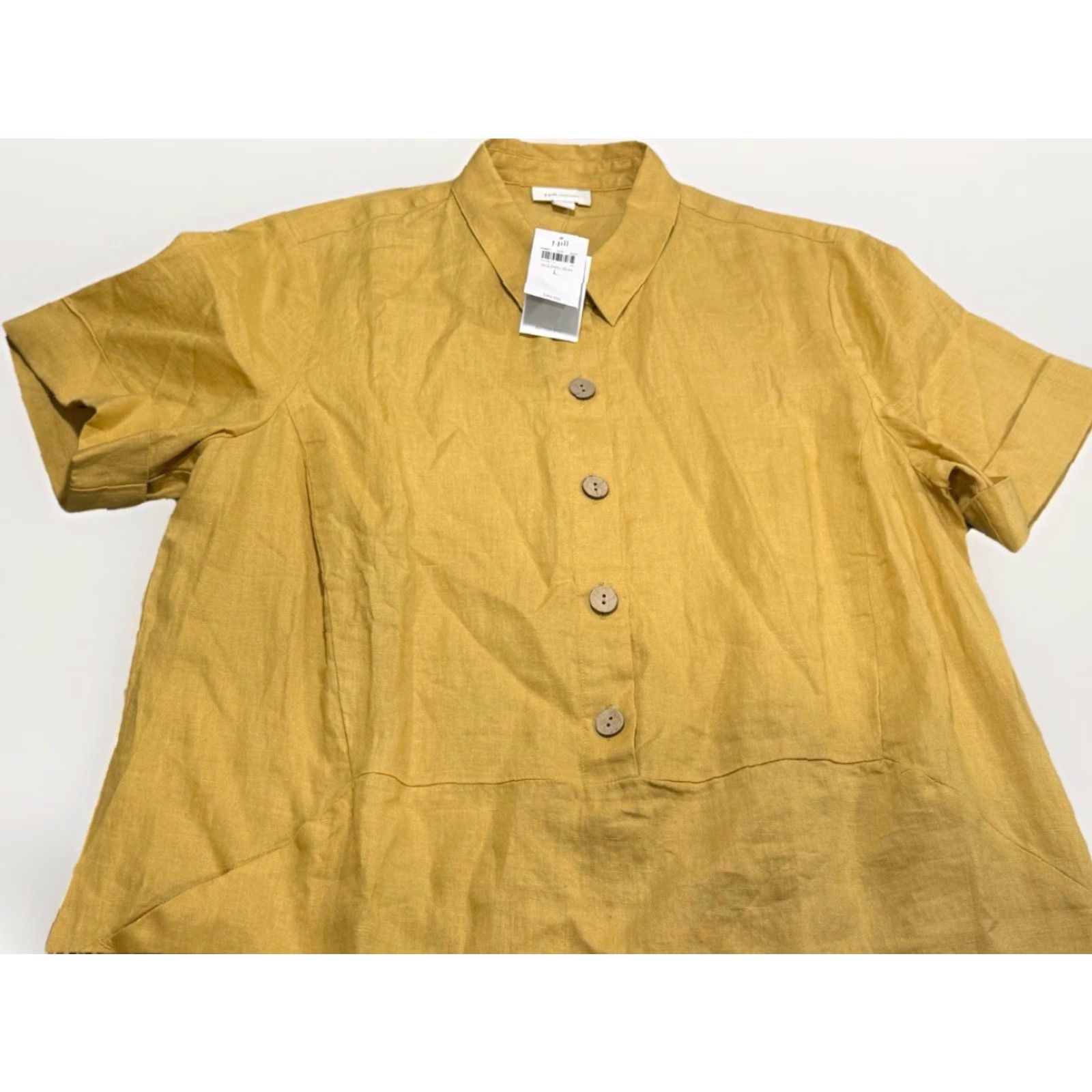 NWT J.Jill Love Linen Dress Mustard Yellow Short Sleeve 1/2 Button Sz Large