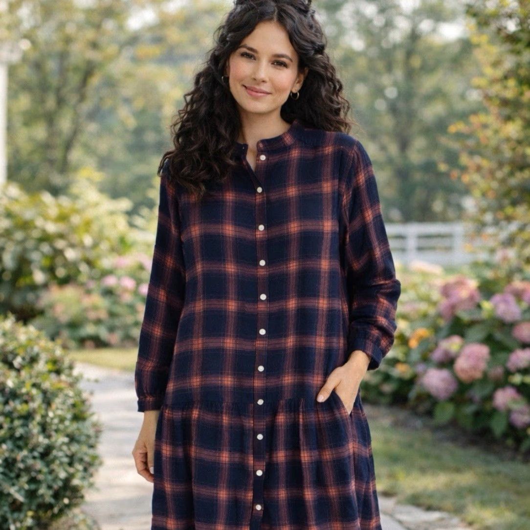 Loft LOFT Shirt Dress L Blue Soft Drop Waist Flannel Plaid Button Long Sleeve Shirt Dress, Casual, Women, Regular, Knee Length, Vintage: No Size L / US 10 / IT 46 - 2 Thumbnail