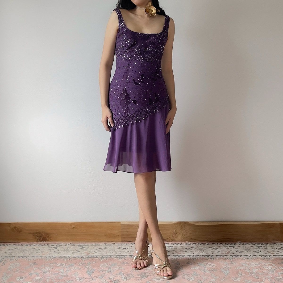 Alex Evenings Vintage Purple Silk Burnout & Chiffon Beaded Dress (S–M) Size M / US 6-8 / IT 42-44 - 3 Thumbnail