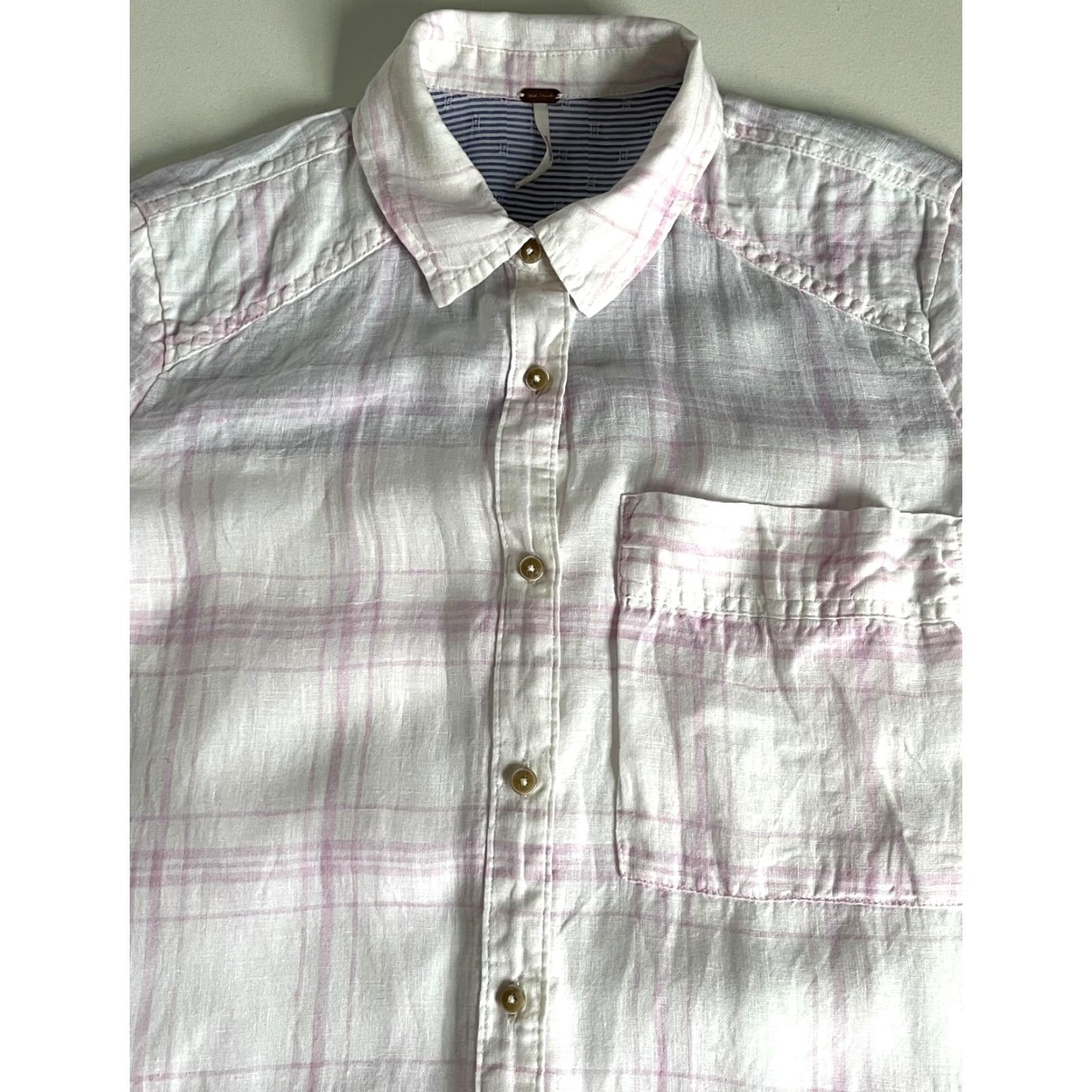 Free People VINTAGE Free People Women's No Limits Oversized Button-Up Linen Shirt Plaid XS White Pink Bohemian 90s Womens Size XS / US 0-2 / IT 36-38 - 4 Thumbnail