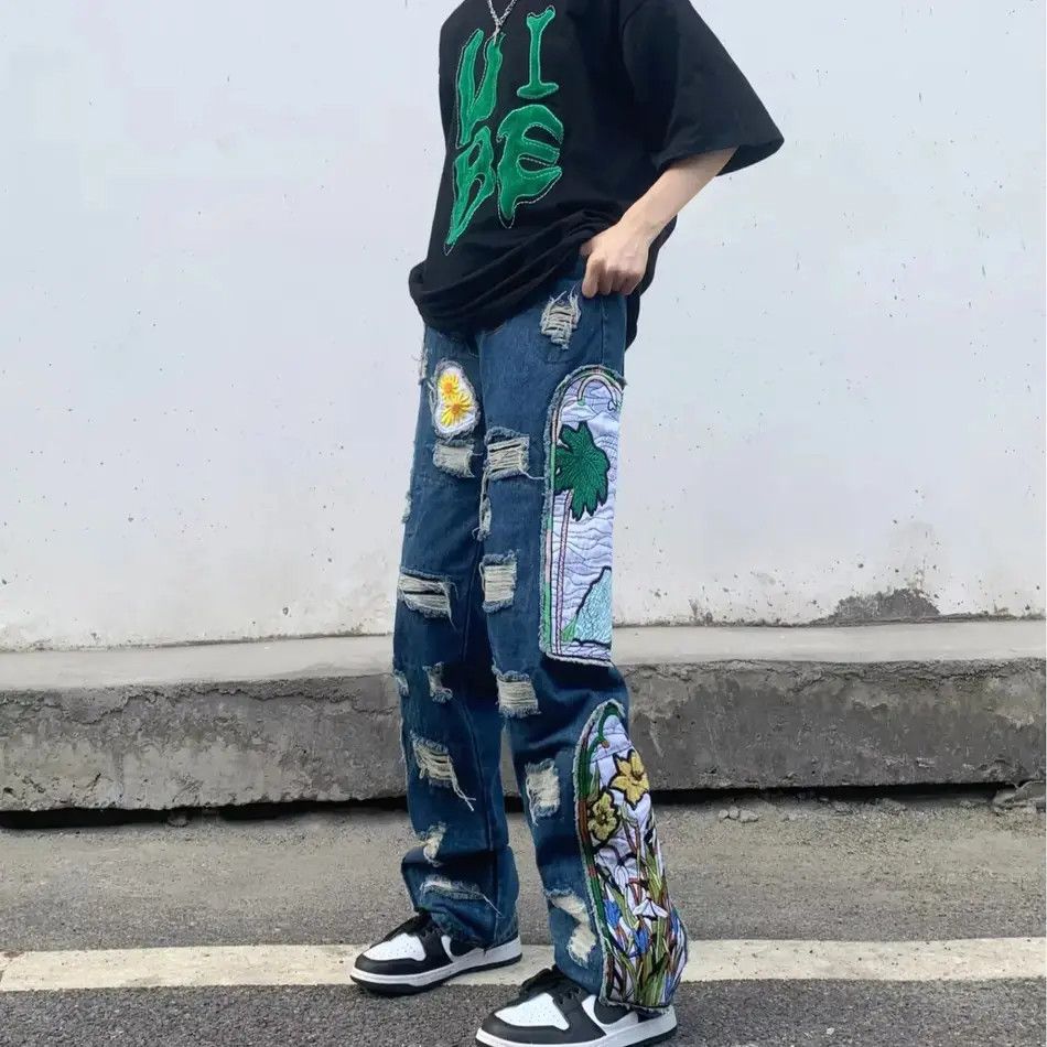 Japanese Brand Embroidered patchwork straight leg jeans Size US 32 / EU 48 - 1 Thumbnail