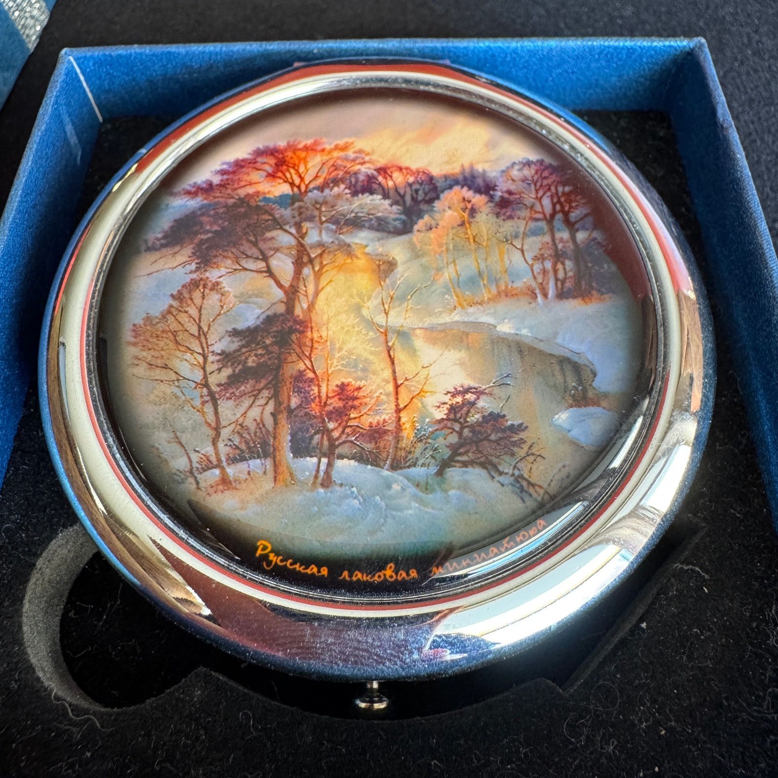Vintage Vtg Russian Fedoskino Lacquer Painted Dbl Mirror Compact 3" Size ONE SIZE - 2 Thumbnail