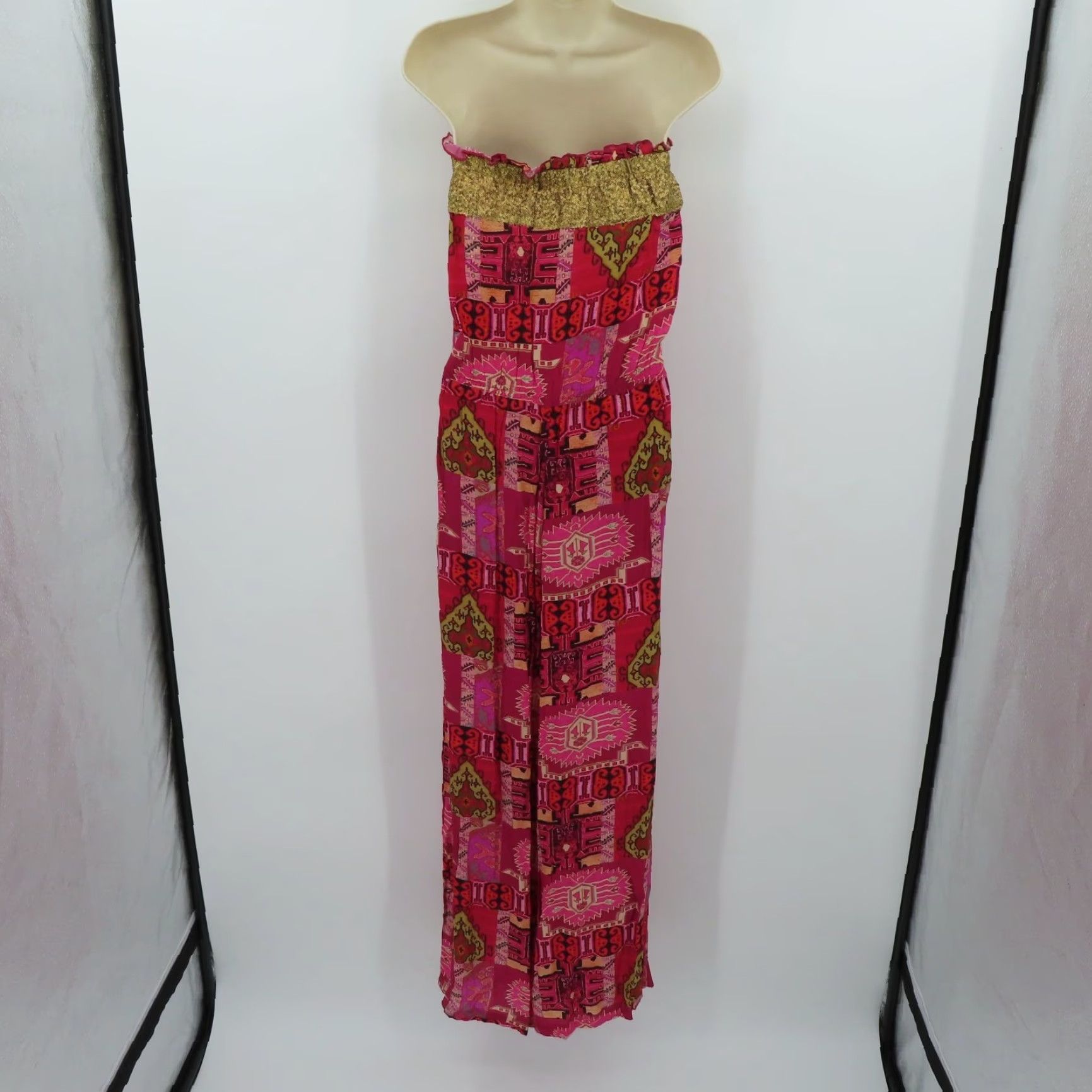 Vintage Benares Jumpsuit Women Medium Silk Gold Sequin Pink Ikat Strapless Pockets NEW Size 32" / US 10 / IT 46 - 6 Thumbnail