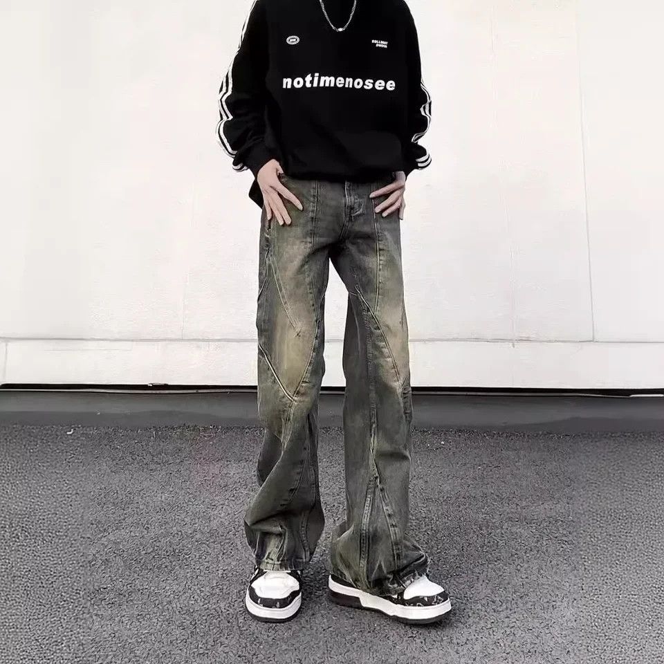 Jean × Vintage Stacked Splice Pleated Bootcut Wide Leg Jeans Y2K Size US 29 - 6 Thumbnail