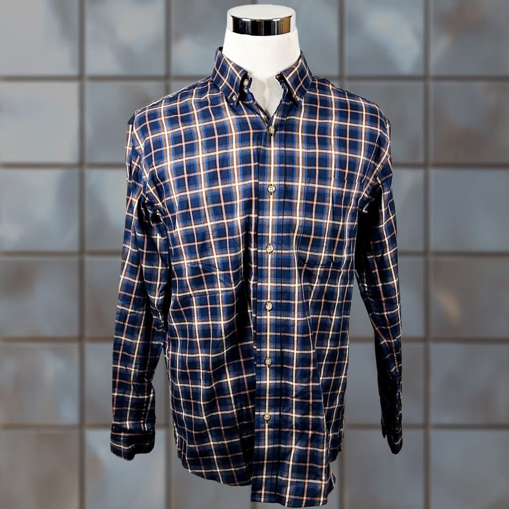 Bill Blass Bills Khakis Medium Classic Fit Sport Shirting Button-Down Plaid Blue Orange Cotton Long Sleeve, Casual Mens Shirt | M Size US M / EU 48-50 / 2 - 1 Thumbnail