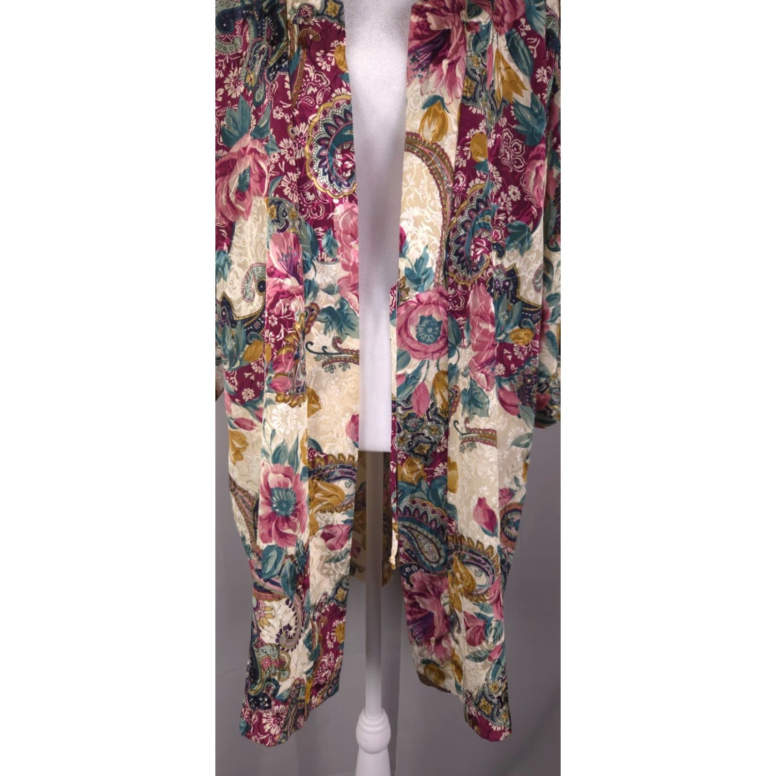 Vintage Womens Robe Medium Floral Paisley Satin Kimono Short Retro Lounge Wear