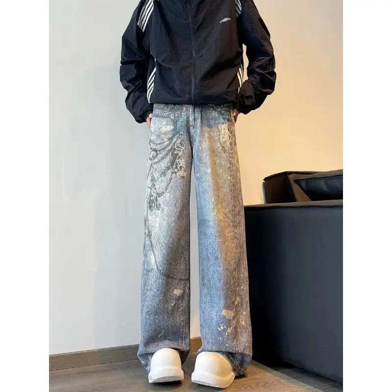 Japanese Brand Retro loose wide leg printed chain jeans Size US 32 / EU 48 - 2 Thumbnail