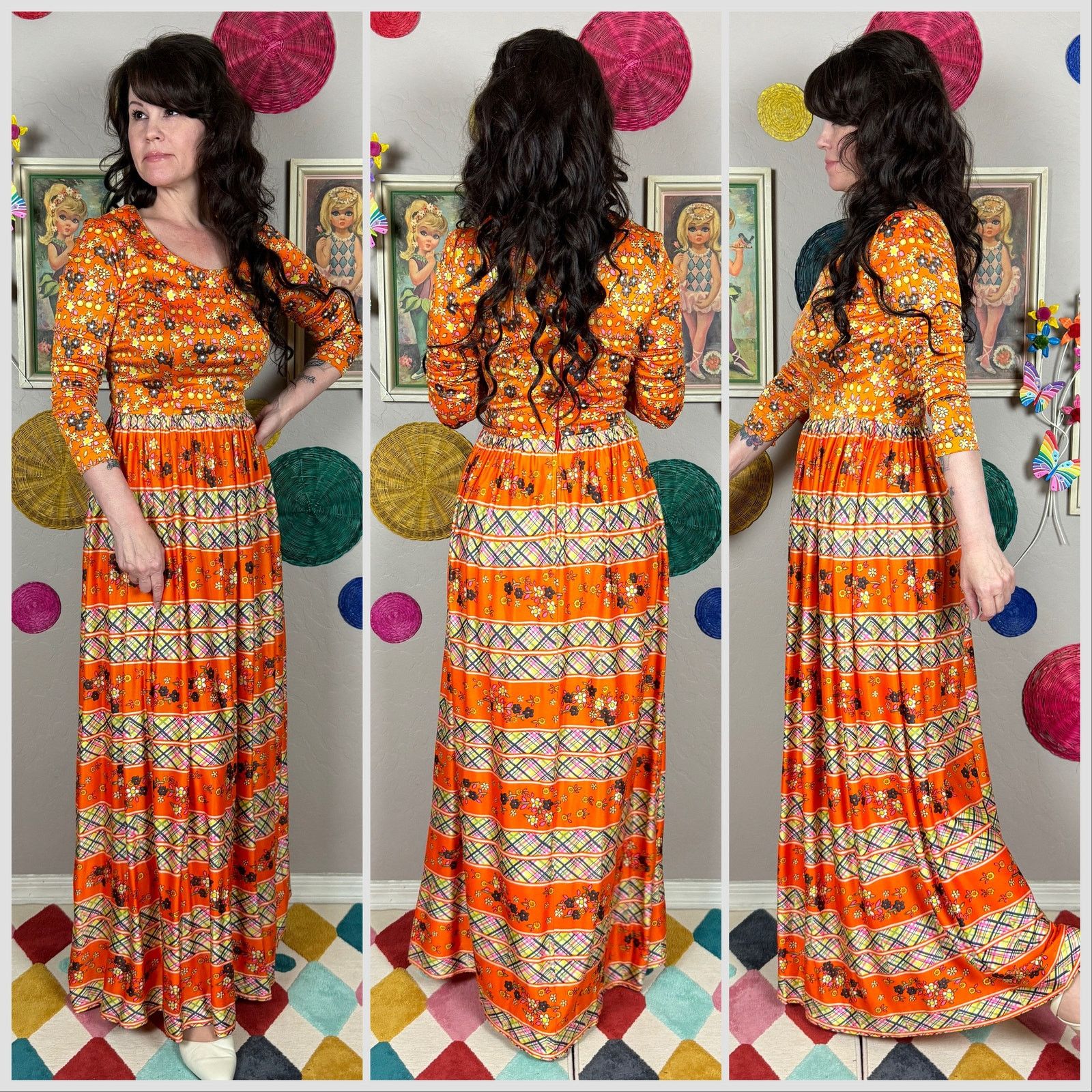 Vintage 1960s Orange Floral and Striped Long Sleeve Maxi Dress Size XS / US 0-2 / IT 36-38 - 2 Thumbnail