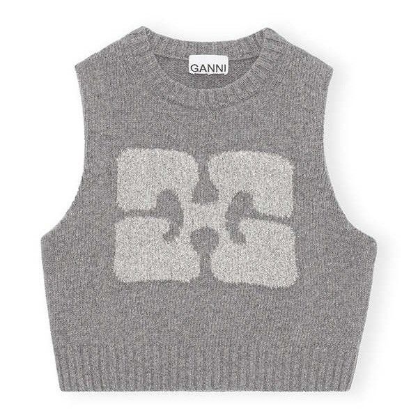 Ganni Ganni Gray Sleeveless Cropped Knit Top with Logo Pattern Size S / US 4 / IT 40 - 1 Thumbnail