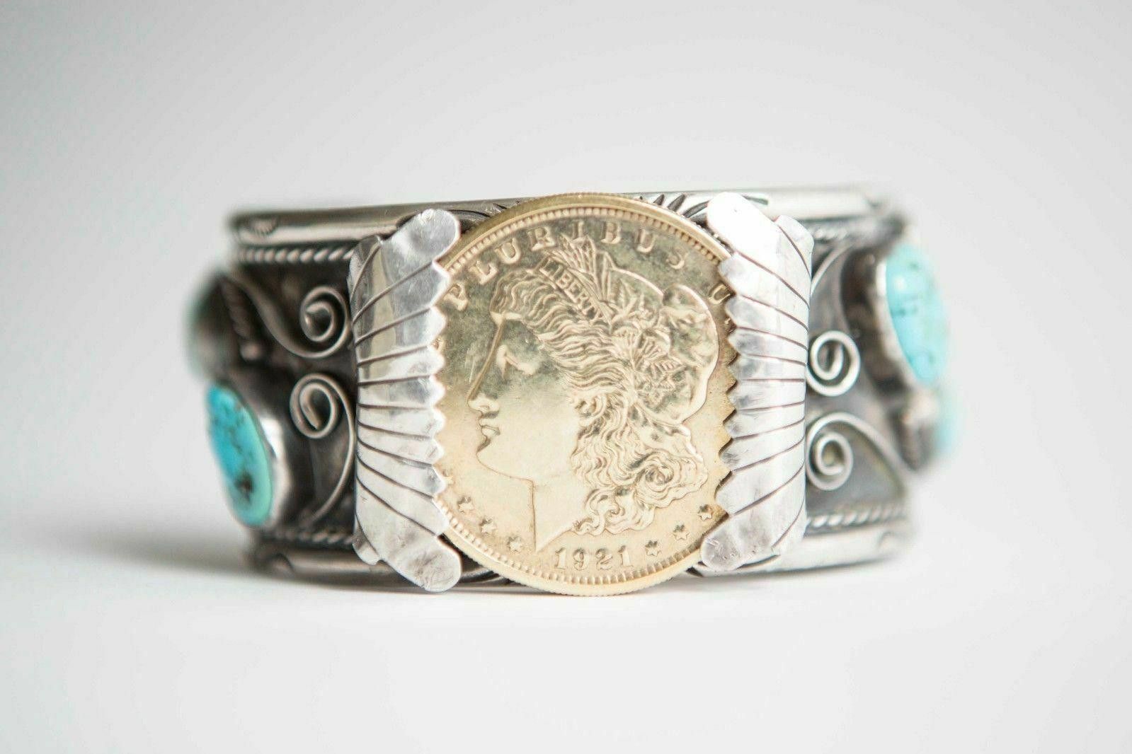 Western Tribal Silver 14kt Gold Vermeil Coin Cuff Bracelet