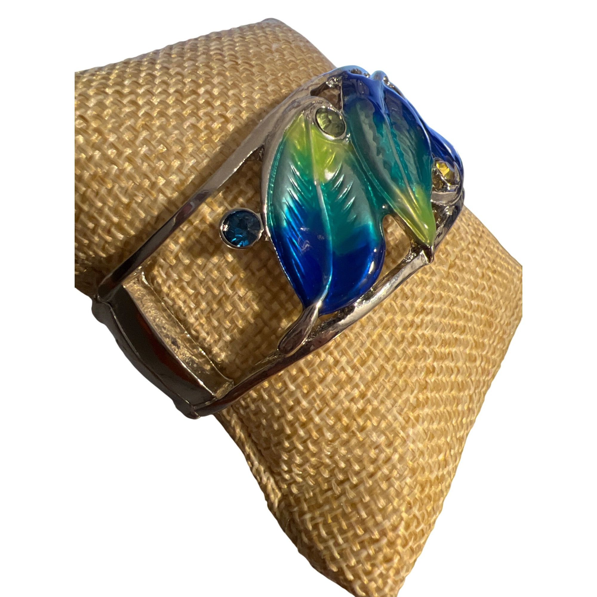 Other Silver Tone Clamper Bracelet Blue Green Enamel Leaves Rhines Size ONE SIZE - 2 Thumbnail