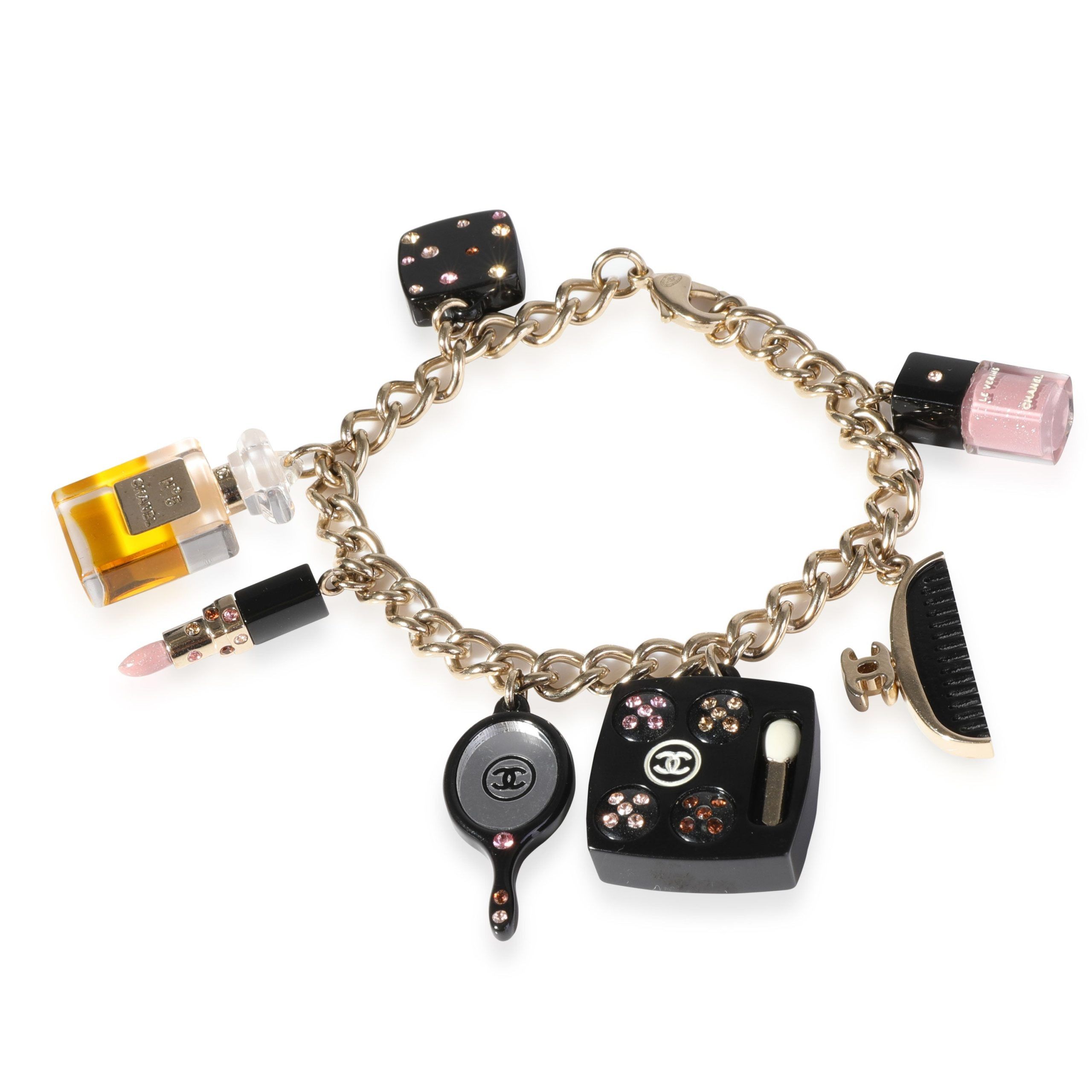 Gold Tone Chanel CC Charm Bracelet With 7 Charms