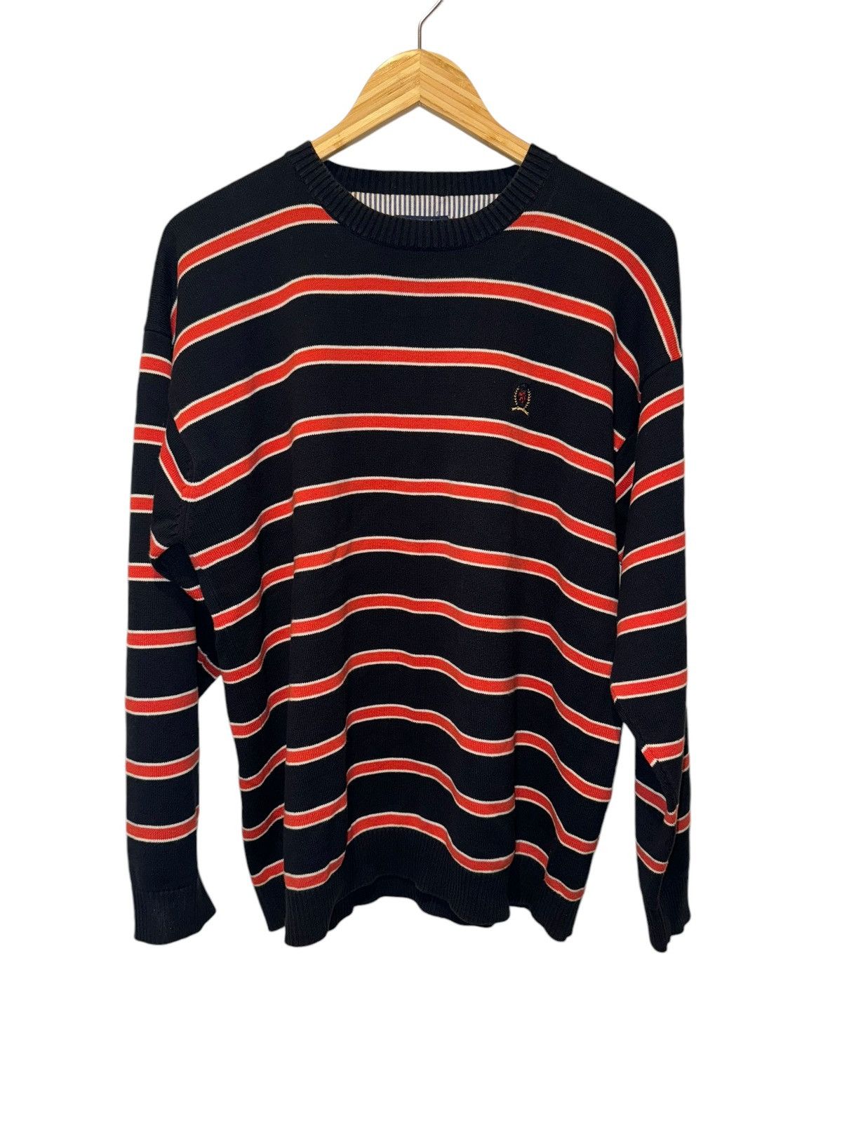 Tommy Hilfiger × Vintage Vintage Tommy Hilfiger Crest Logo Striped Sweater Pullover L Size US L / EU 52-54 / 3 - 1 Thumbnail