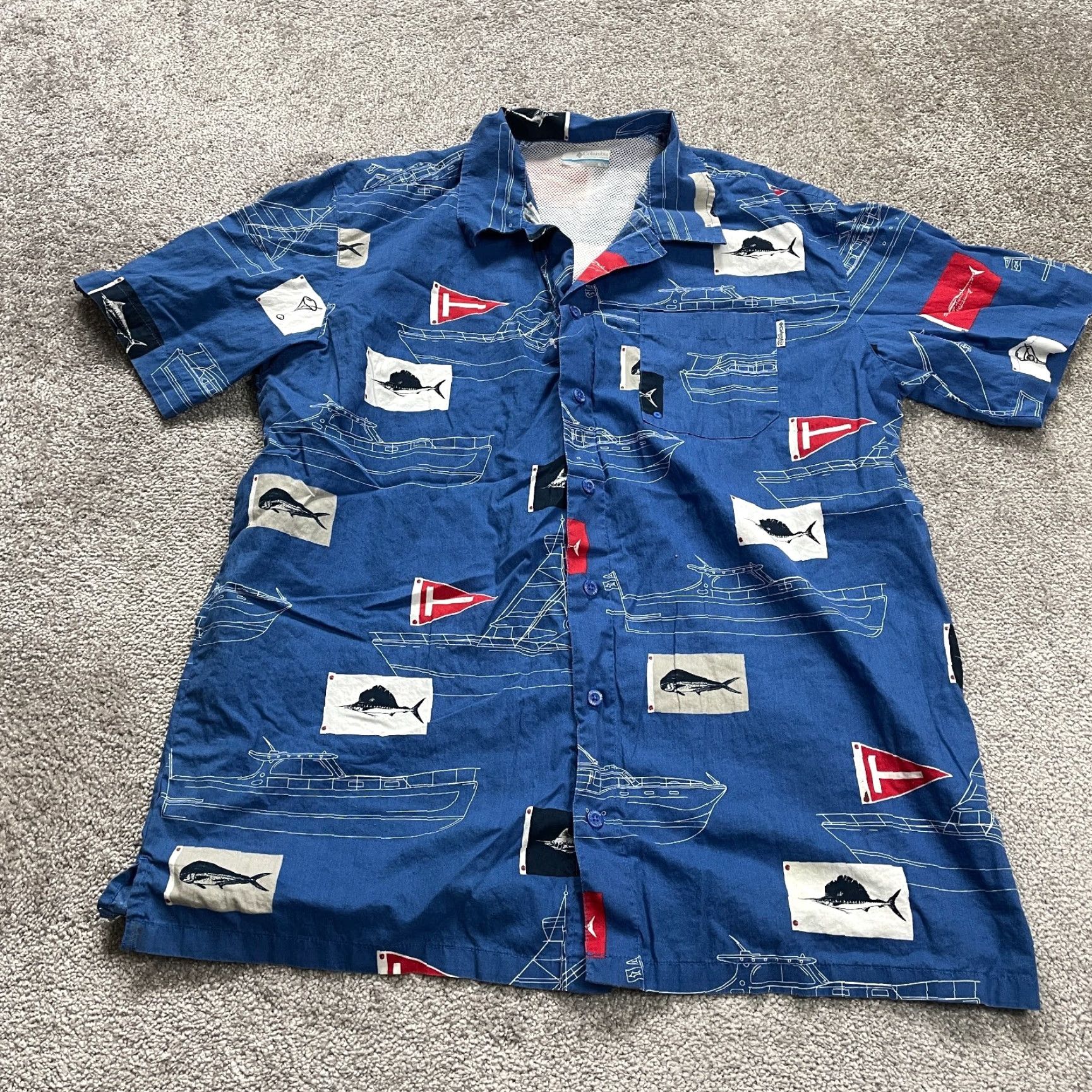 Vintage Columbia PFG Shirt Men XL Blue Patterned Button-Down Short Sleeve Cotton Beach Outdoor Fish Hawaiian Casual Travel Regular Size US XL / EU 56 / 4 - 2 Thumbnail