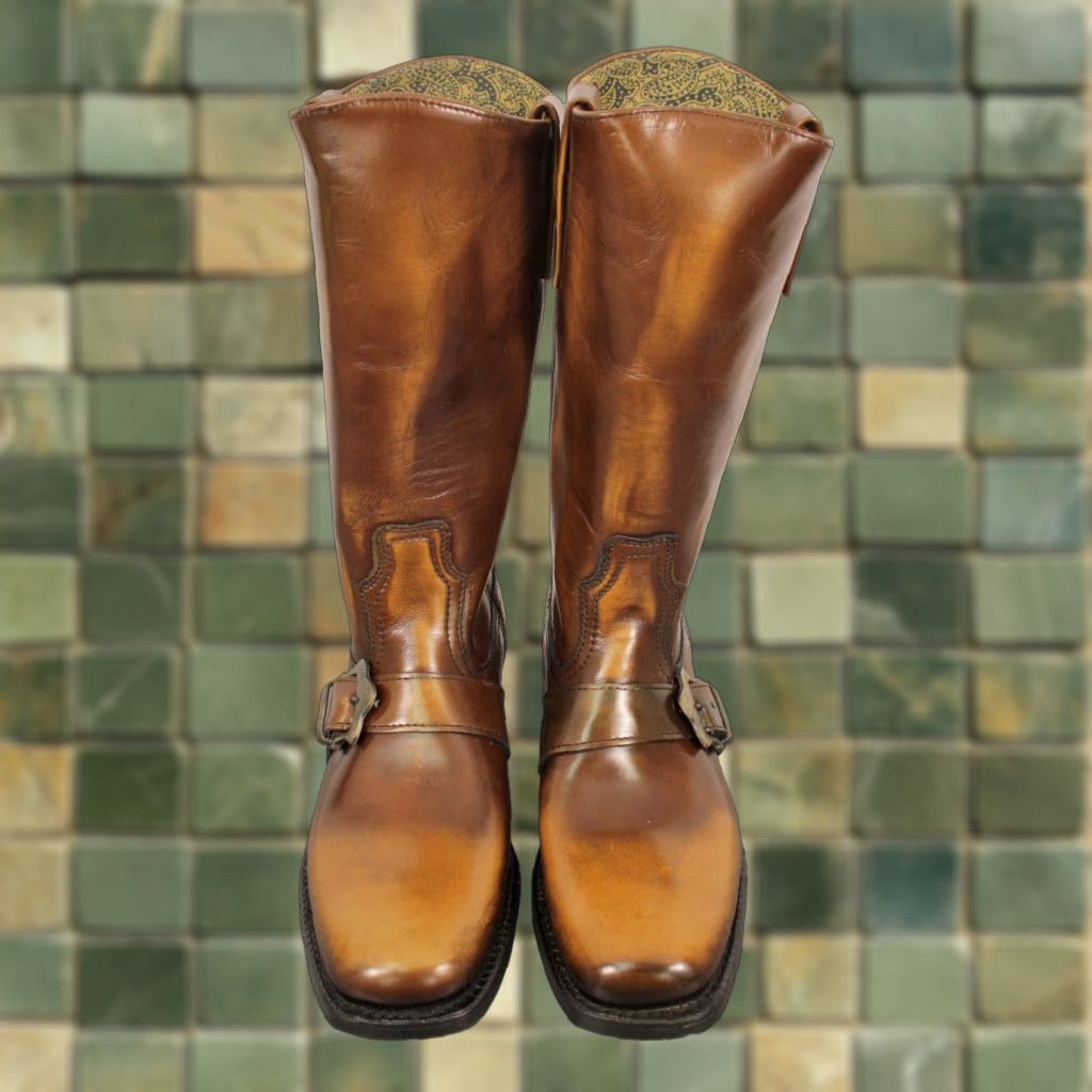 Vintage VINTAGE Men's VTG NOS 60s Shiny Leather Brown Buckle Boots Sz 6.5 D 1960s Texas Boots Mens 6.5 Brown Leather Texas 1960s VTG Shiny Buckle Boots Size US 7 / EU 40 - 1 Thumbnail