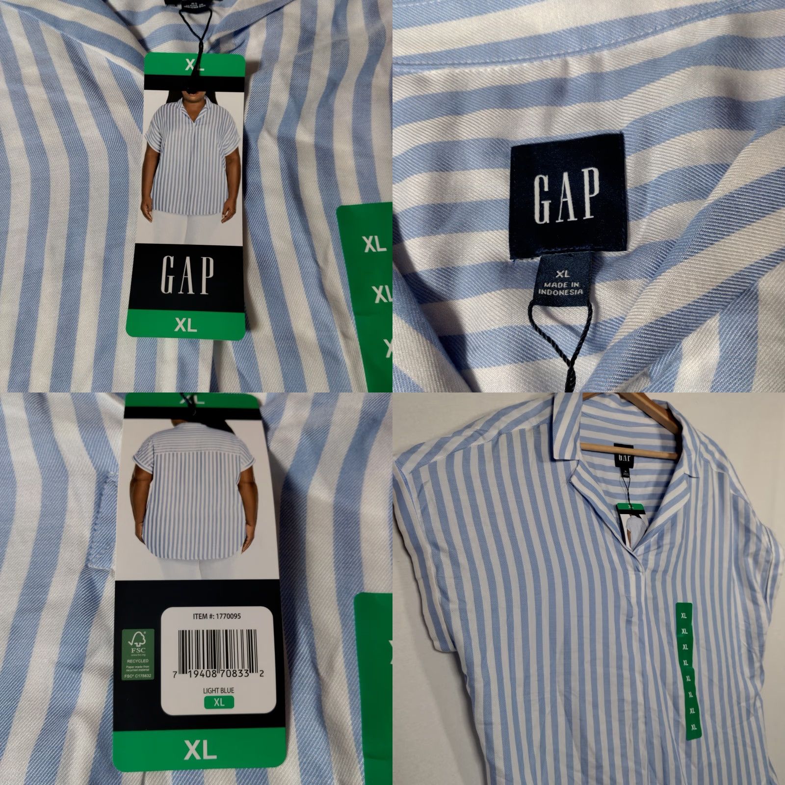 Gap VINTAGE Gap Women's Blouse Shirt XL Short Sleeve Lightweight Blue White Stripe V-Neck Casual Beach Coastal Size XL / US 12-14 / IT 48-50 - 8 Thumbnail