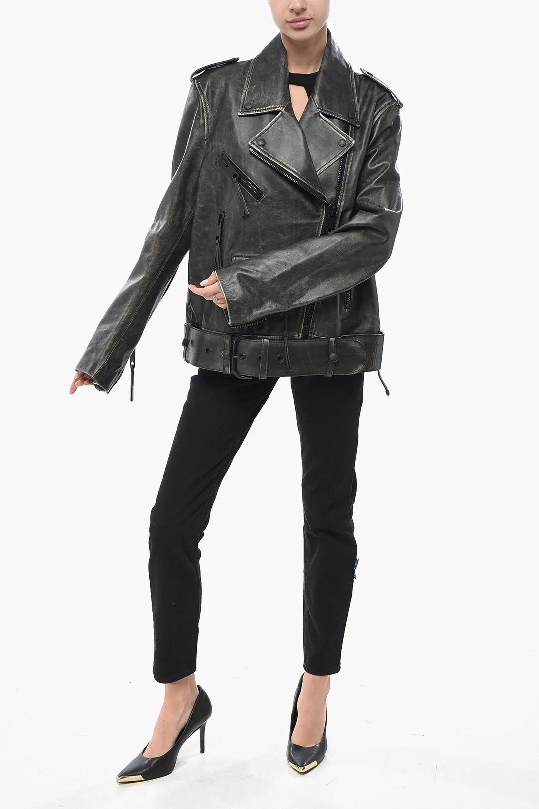 Off-White og1mm0426 Vintage-Effect Leather Biker Jacket in Grey Size M / US 6-8 / IT 42-44 - 4 Thumbnail