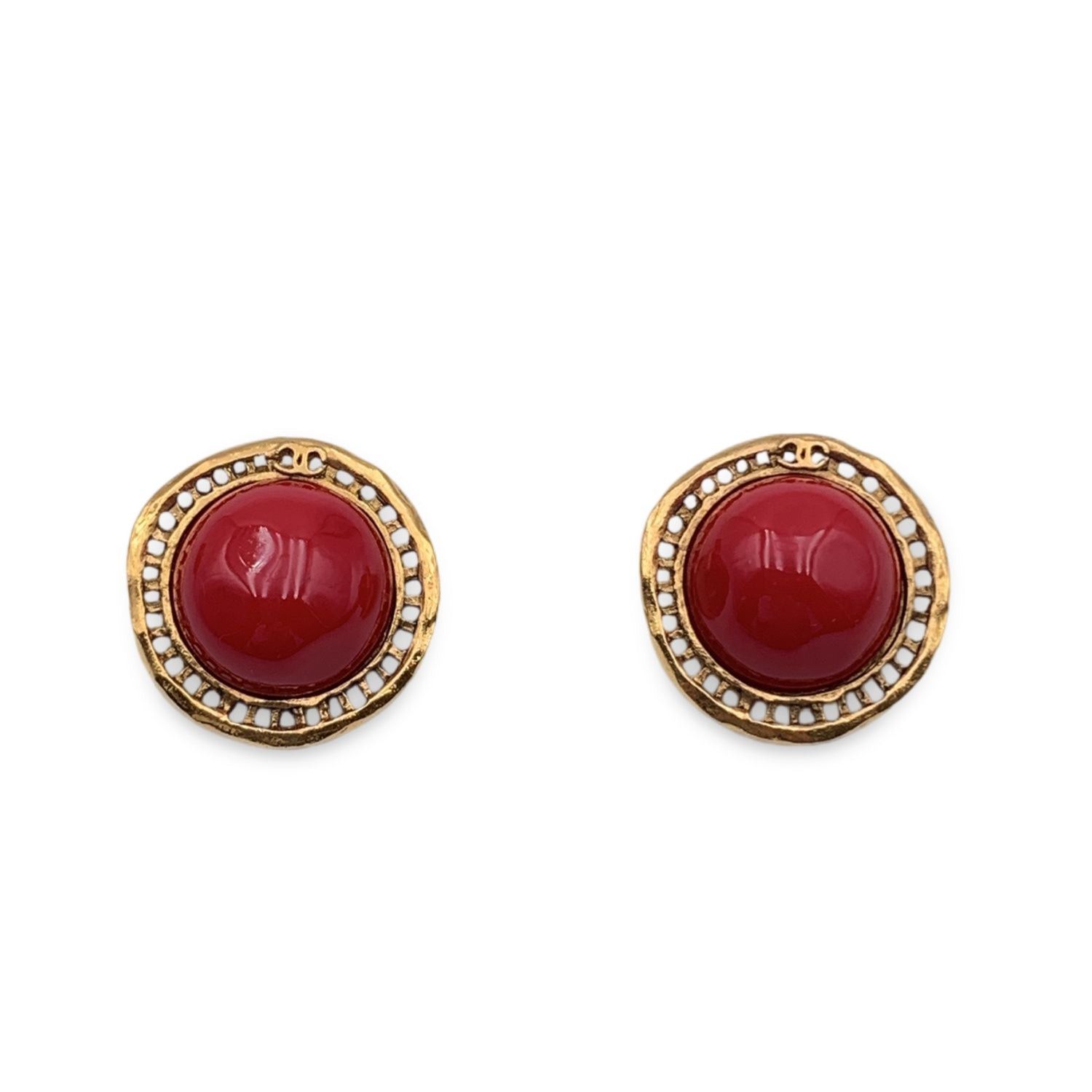 image of Chanel Vintage Round Gold Metal Clip On Red Cabochon Earrings, Women's
