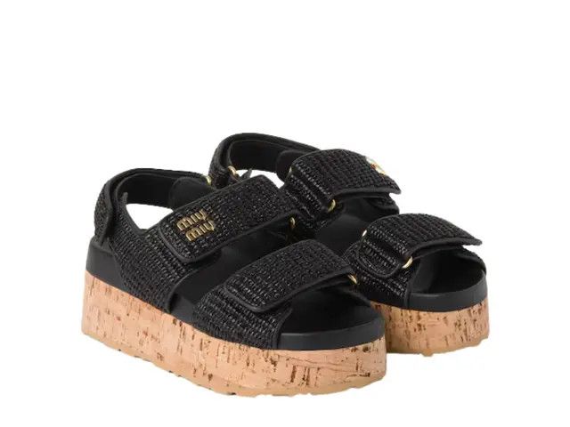 Miu Miu o1B3y1r0526 Fabric Wedge Sandals in Black Size US 11 / IT 41 - 2 Thumbnail