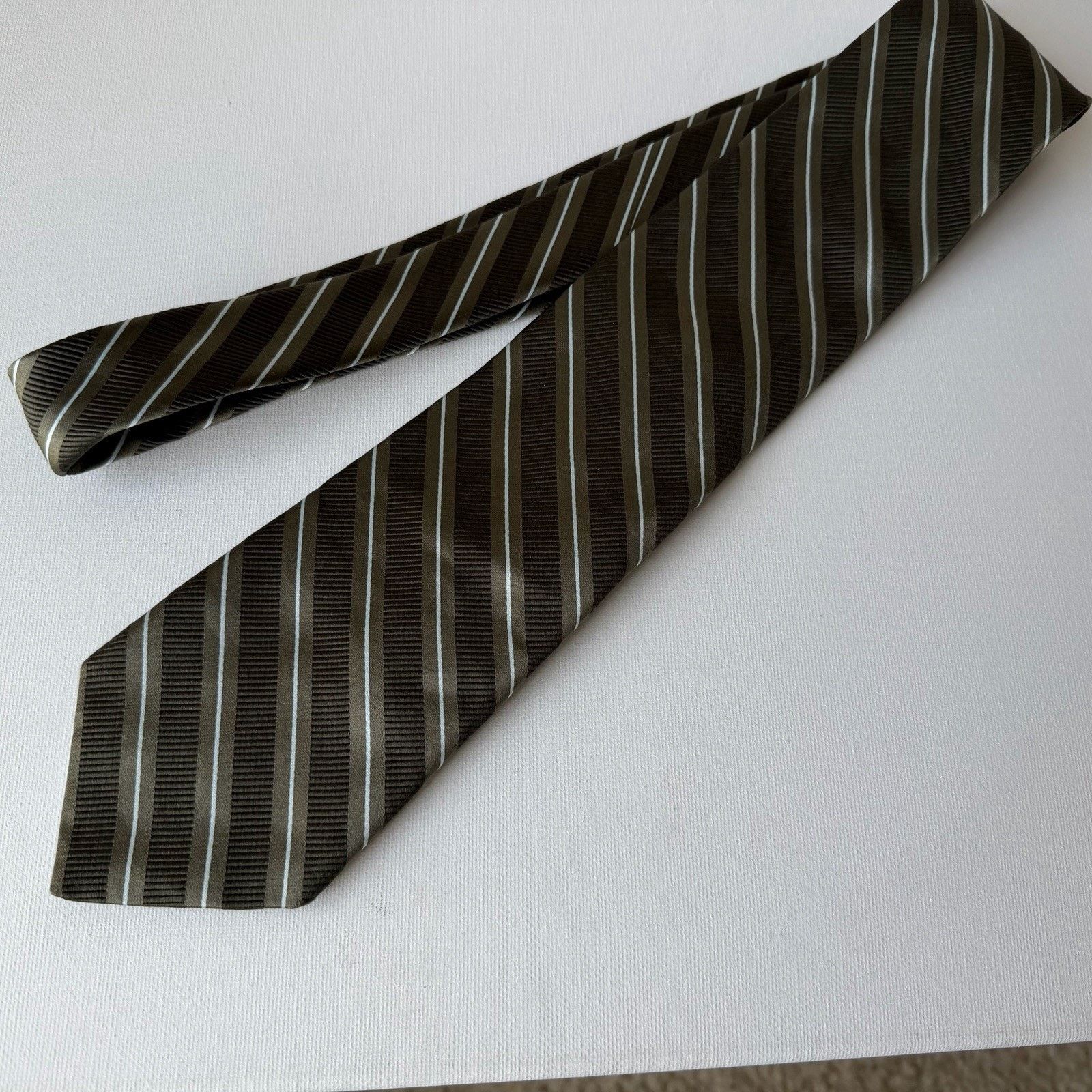 Ike Behar Ike Behar Striped Silk/Cotton Tie – Olive/Brown Size ONE SIZE - 9 Thumbnail