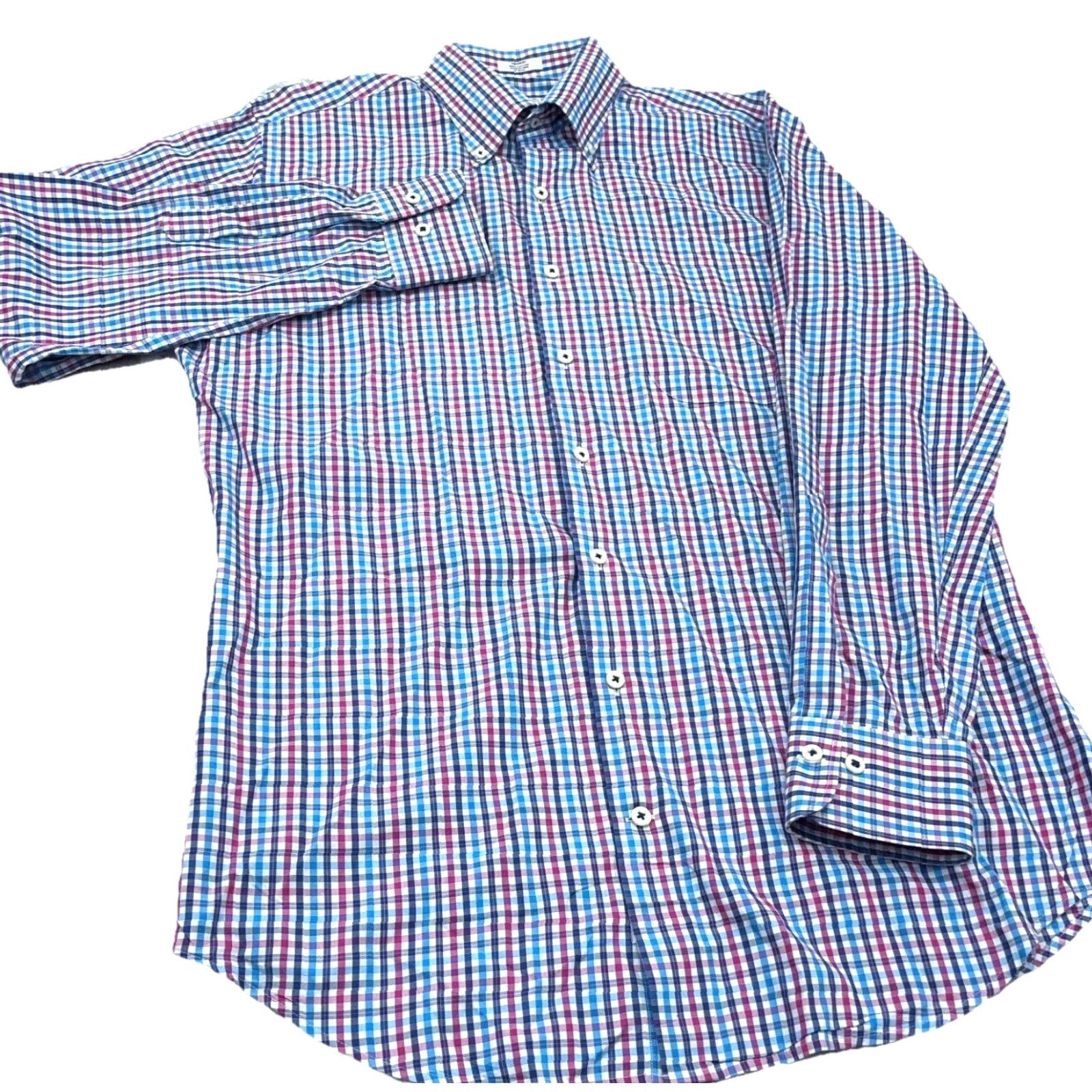 Peter Millar Peter Millar Shirt Men Medium Pink BlueButton Up Tattersall Plaid Dress Poplin Size 40R - 5 Thumbnail
