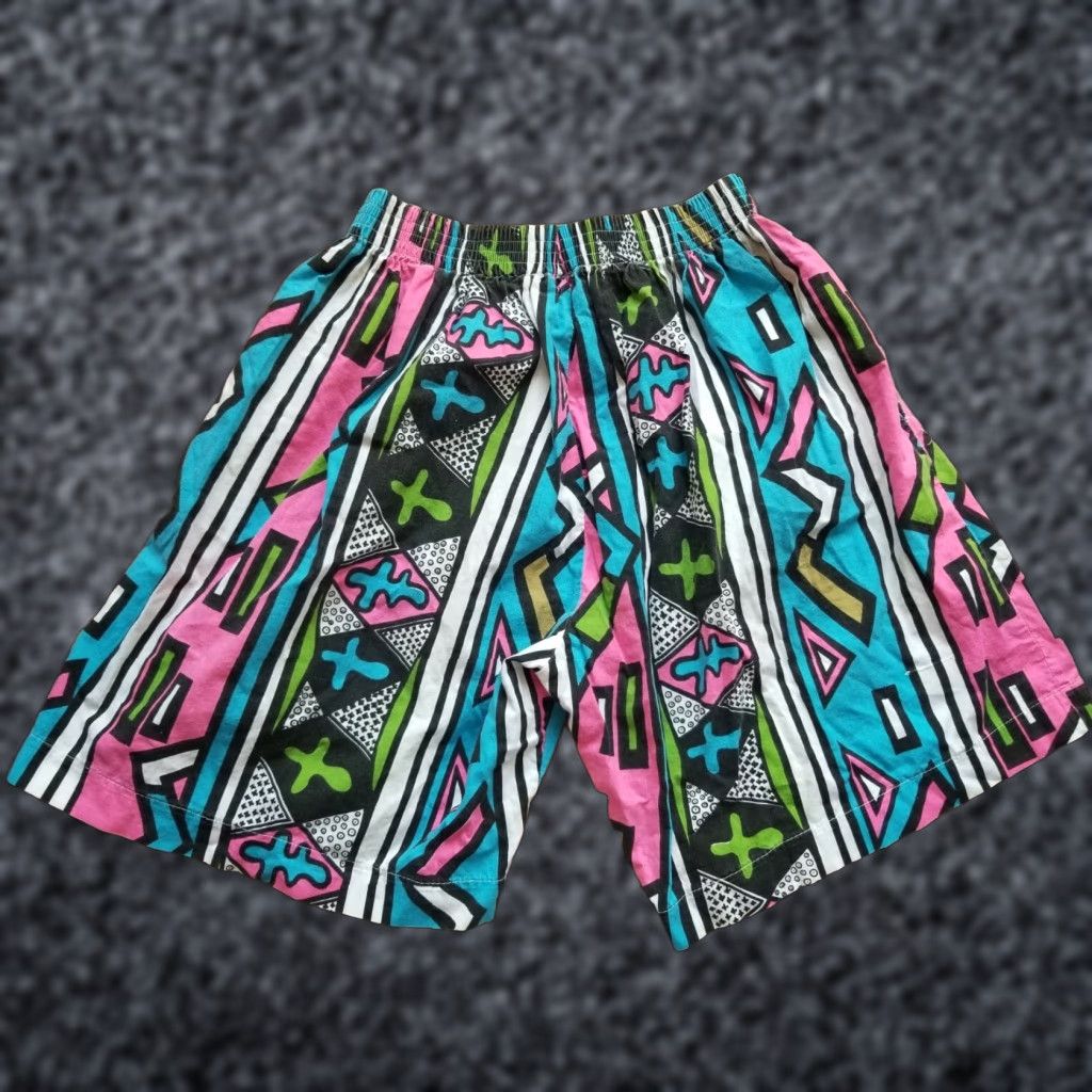 Vintage VINTAGE Bali Moon Neon Geometric Trunks Shorts Tribal Fish Men L Pink 100% Cotton Quick Dry Drawstring Elastic Waist Pockets Lined Size US 33 - 1 Thumbnail