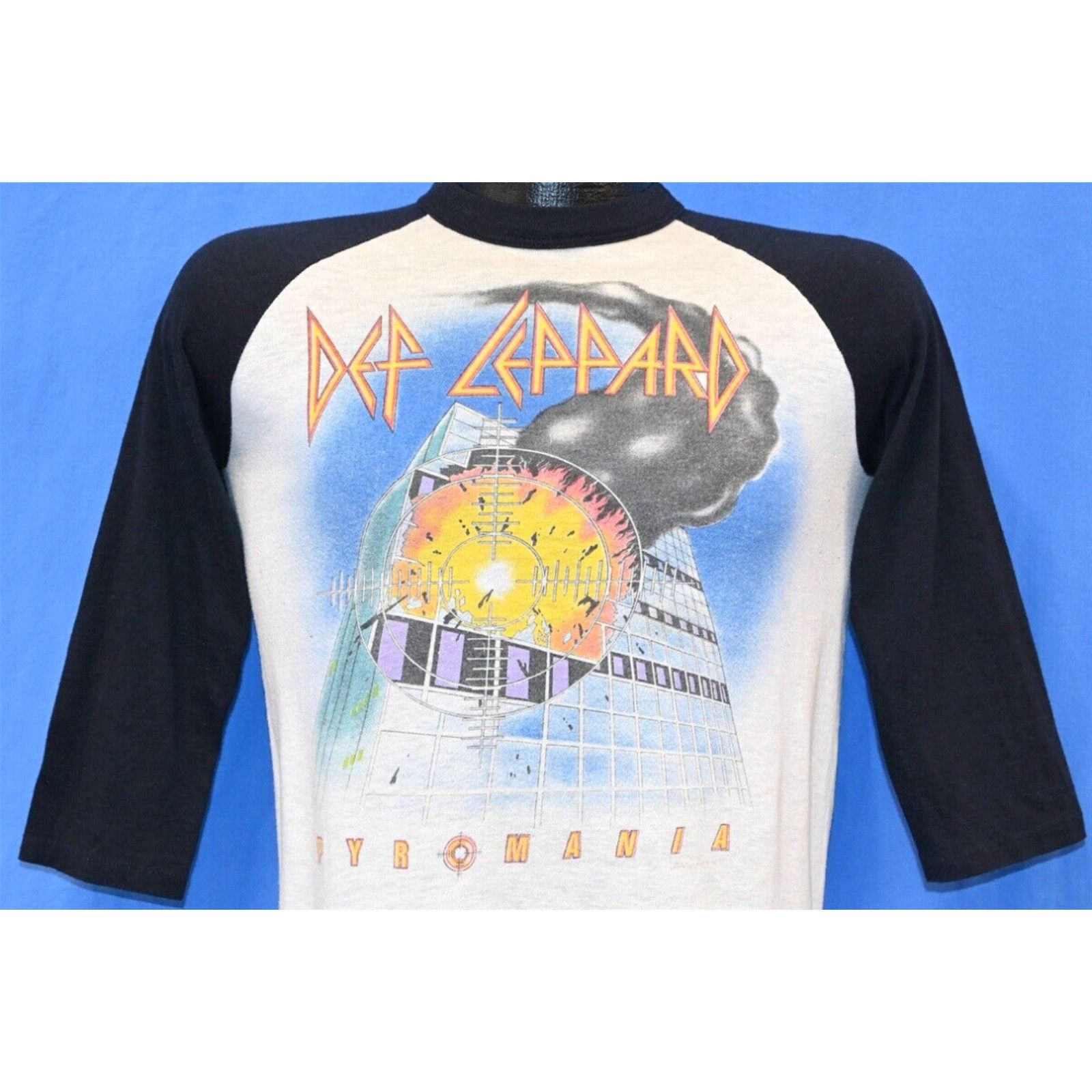 image of Vintage VTG 80's Def Leppard Pyromania Rock Tour 1983 Till Drop Raglan 3/4 Slv T-Shirt S in White (