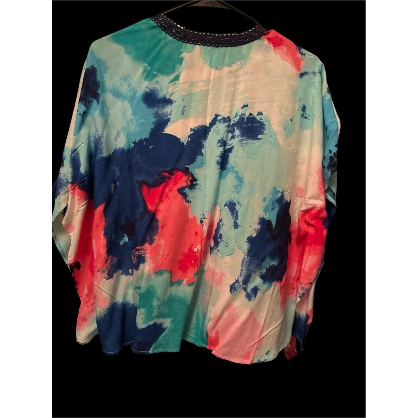 Chicos Chico's Open-Front Kimono in Turquoise, Coral & Navy Size ONE SIZE - 2 Thumbnail