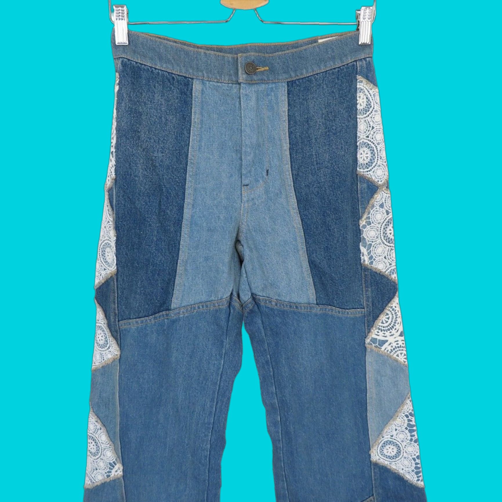 Vintage We The Free by Free People Kaleidoscope Denim Jeans Lace Patchwork Wide-Leg 25 Blue Womens NEW Size 42" / US 20 - 1 Thumbnail