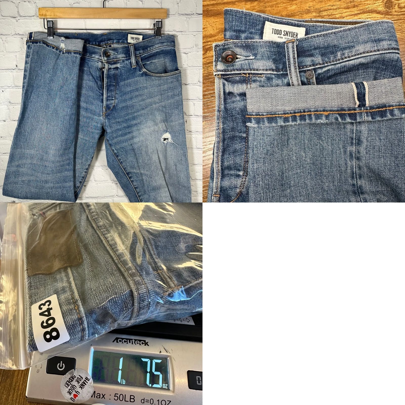 Todd Snyder Todd Snyder Jeans Slim Straight Denim 33x32 Button Fly Mens Blue Distressed 5-Pocket Logo Embroidered Footprint Size US 33 - 10 Thumbnail