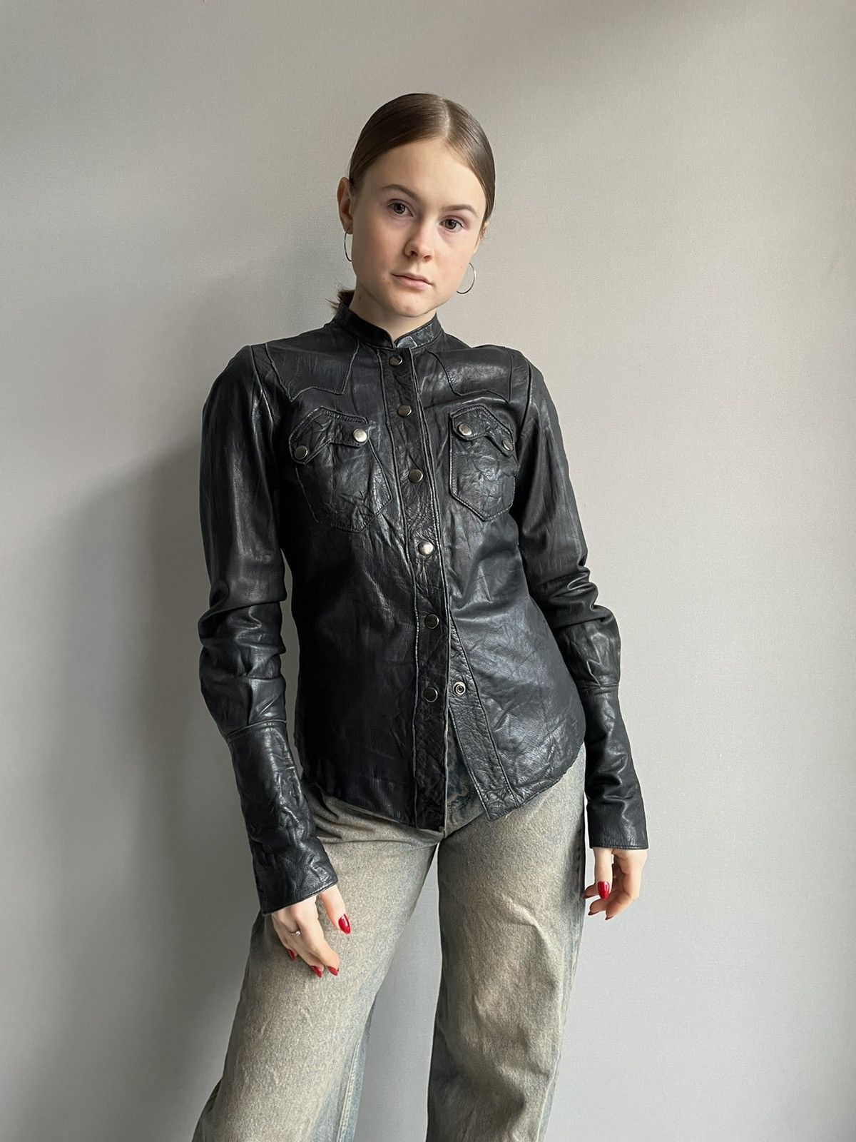 image of Allsaints Womens Biker Leather Jacket Overshirt Size Small in Black