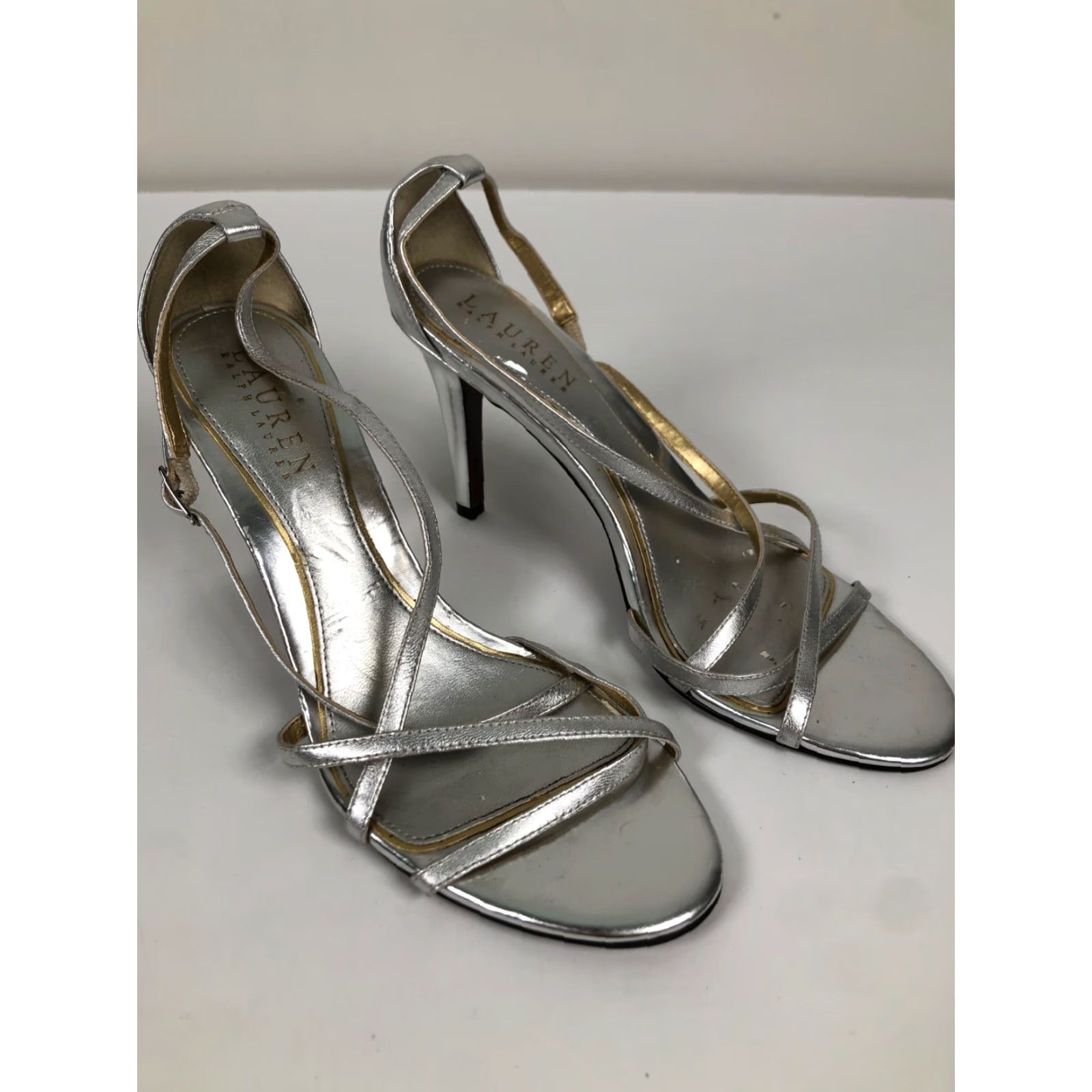 Ralph Lauren Ralph Lauren Womens 6.5 Silver Leather 3.5" Heels Stiletto Open Toe Buckle Dress Shoes Size M / US 6-8 / IT 42-44 - 2 Thumbnail