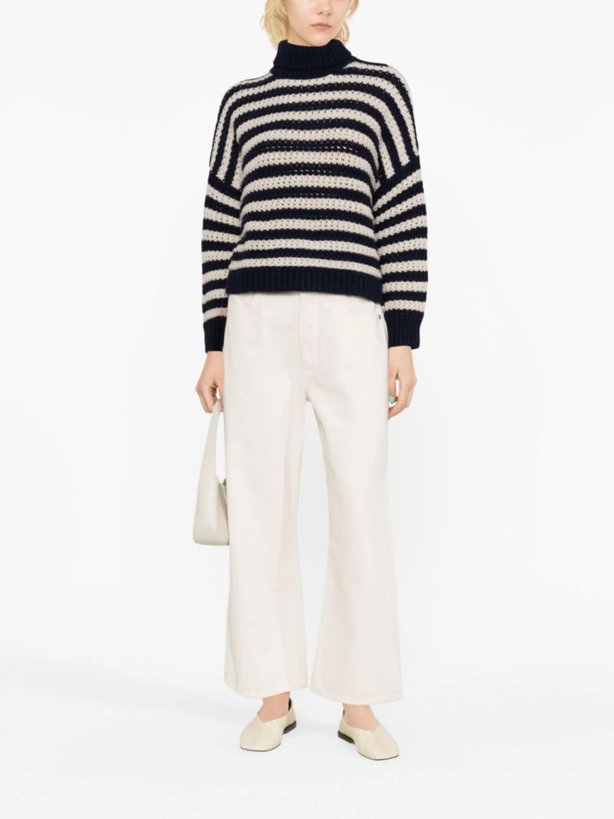 Brunello Cucinelli o1y0825 Turtleneck Sweater in Navy Blue/White Size S / US 4 / IT 40 - 4 Thumbnail