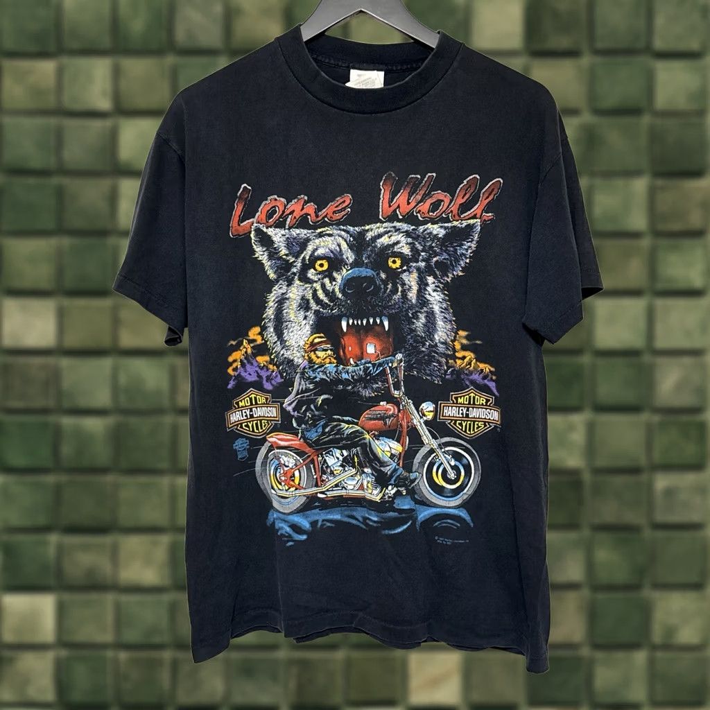 Harley Davidson VINTAGE 1991 Harley Davidson Lone Wolf Motorcycle T-Shirt USA SSI Single Stitch Black L Adult Mens Size US L / EU 52-54 / 3 - 1 Thumbnail
