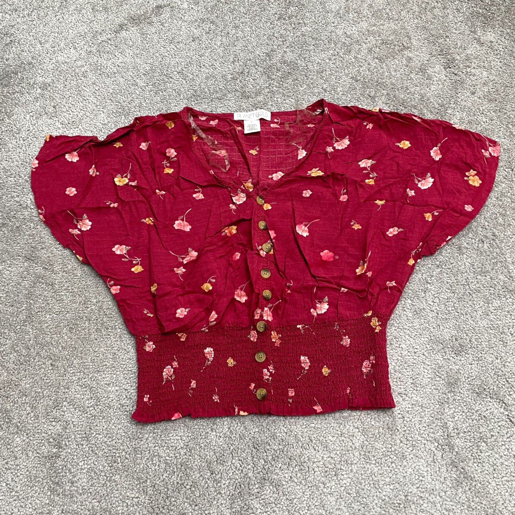 Vintage Planet Gold Floral Smocked Cropped Top Juniors XL Red Short Sleeve Button Casual Shirt Blouse Woman Beach Flower 90s Style Womens Size XL / US 12-14 / IT 48-50 - 2 Thumbnail