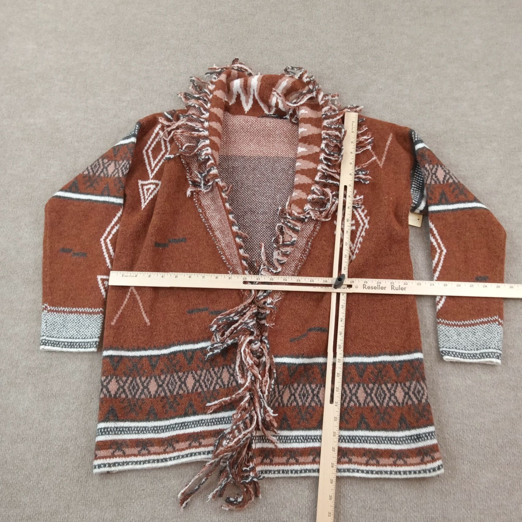 Vintage Doe & Rae Sweater Cardigan Womens Medium Red Aztec Waterfall Open Front Stretch Size M / US 6-8 / IT 42-44 - 2 Thumbnail
