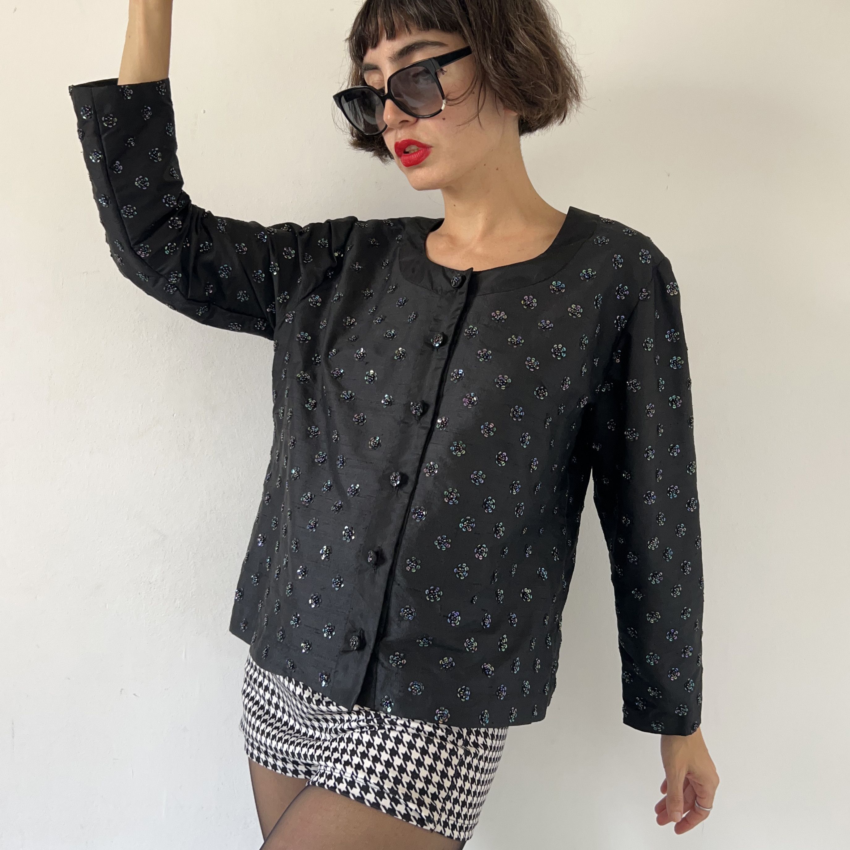 Vintage Vintage 80s party embellished floral silk black blazer Size L / US 10 / IT 46 - 5 Thumbnail
