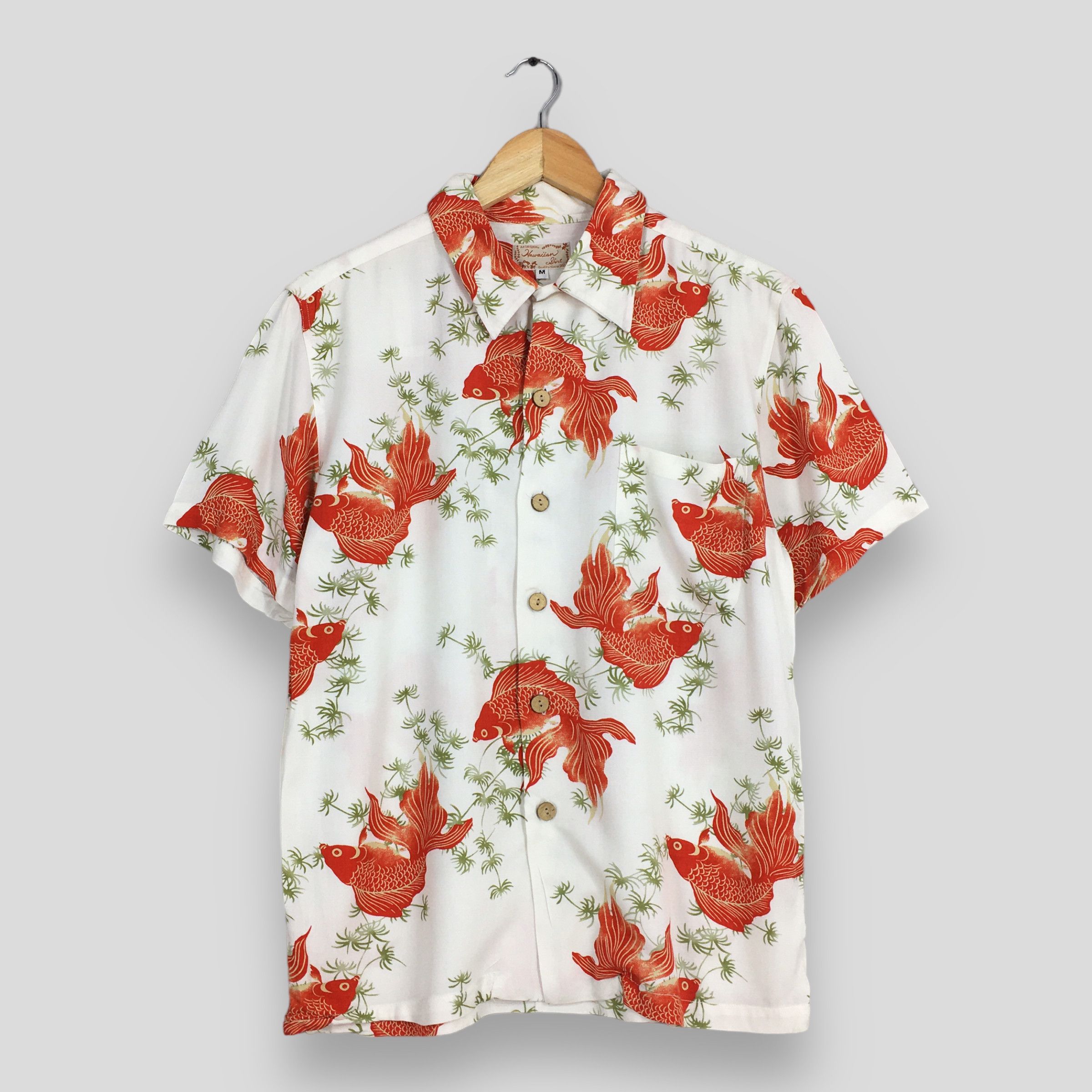 image of Aloha Wear x Hawaiian Shirt Vintage Hawaiian Japanese Gold Fish Rayon Shirt Medium, Men's