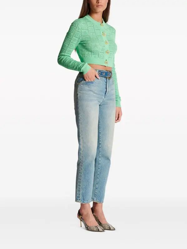 Balmain o1s1wg110825 Monogram Open Knit Cardigan in Green Size M / US 6-8 / IT 42-44 - 3 Thumbnail